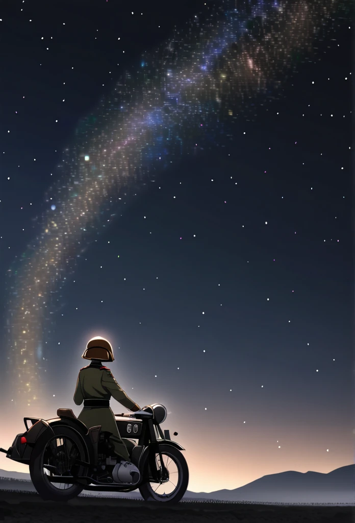 High quality, high definition images, full HD、8k.1 girl solo.old german military uniform,short hair,wear a german military helmet,chestnut hair,
drive a old military motorcycle,
Running along the night road with a light on,The night sky is full of stars,Looking up at the night sky, a large amount of stars flowing,A 、Distant Viewpoint、Gravel road,Back view Distant perspective,


