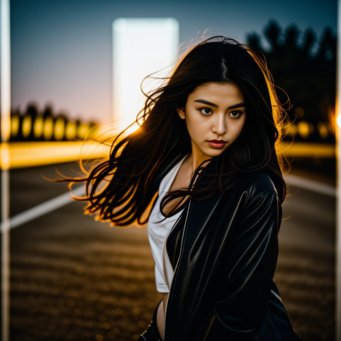 Best picture quality, Masterpiece, Ultra high resolution 8K, photograph, 1 Asian girl gets a beauty treatment, her long hair blows up in the wind. A 25-year-old girl has her long hair blowing up., Looking straight ahead,On the road at night, Fashionable glossy black leather jacket outfit.., Taken with a high quality camera 45000000000 pixels,,.. Picture clarity 8k, Taken with a high quality camera 45,000,000 pixels