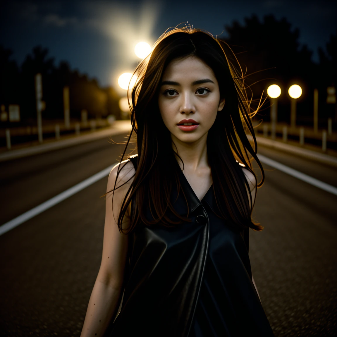 Best picture quality, Masterpiece, Ultra high resolution 8K, photograph, 1 Asian girl gets a beauty treatment, her long hair blows up in the wind. A 25-year-old girl has her long hair blowing up., Looking straight ahead,On the road at night, Fashionable glossy black leather jacket outfit.., Taken with a high quality camera 45000000000 pixels,,.. Picture clarity 8k, Taken with a high quality camera 45,000,000 pixels