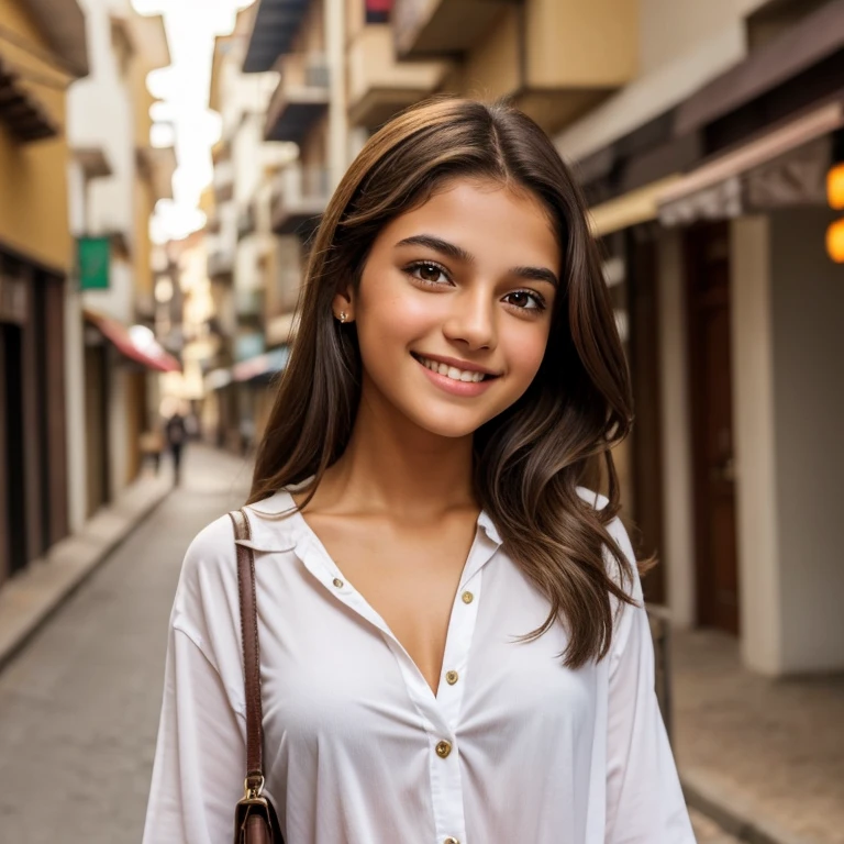 Girl, beautiful, ager, brown hair, light brown eyes, walking clothes, with the face of actress Bela Fernandes, smile