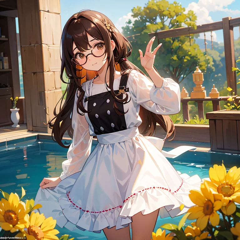 Chica bonita, pecas, nariz respingada, lentes redondos, ahori blanco y rosa con decoraciones doradas, obra maestra, chocolate brown hair, es una diosa,  (17 years)