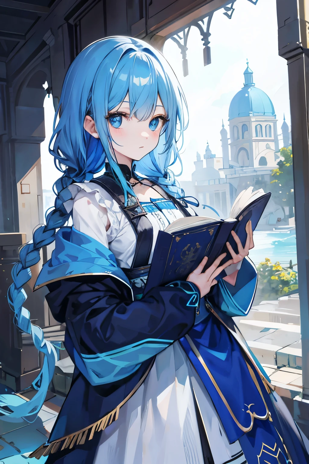 Blue braids,Blue colored eyes,holding a book