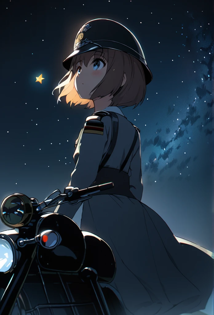 High quality, high definition images, full HD、8k.1 girl solo.old german military uniform,short hair,wear a german military helmet,chestnut hair,
drive a old military motorcycle,
Running along the night road with a light on,The night sky is full of stars,Looking up at the night sky, a large amount of stars flowing,A 、Distant Viewpoint、Gravel road,Back view Distant perspective,