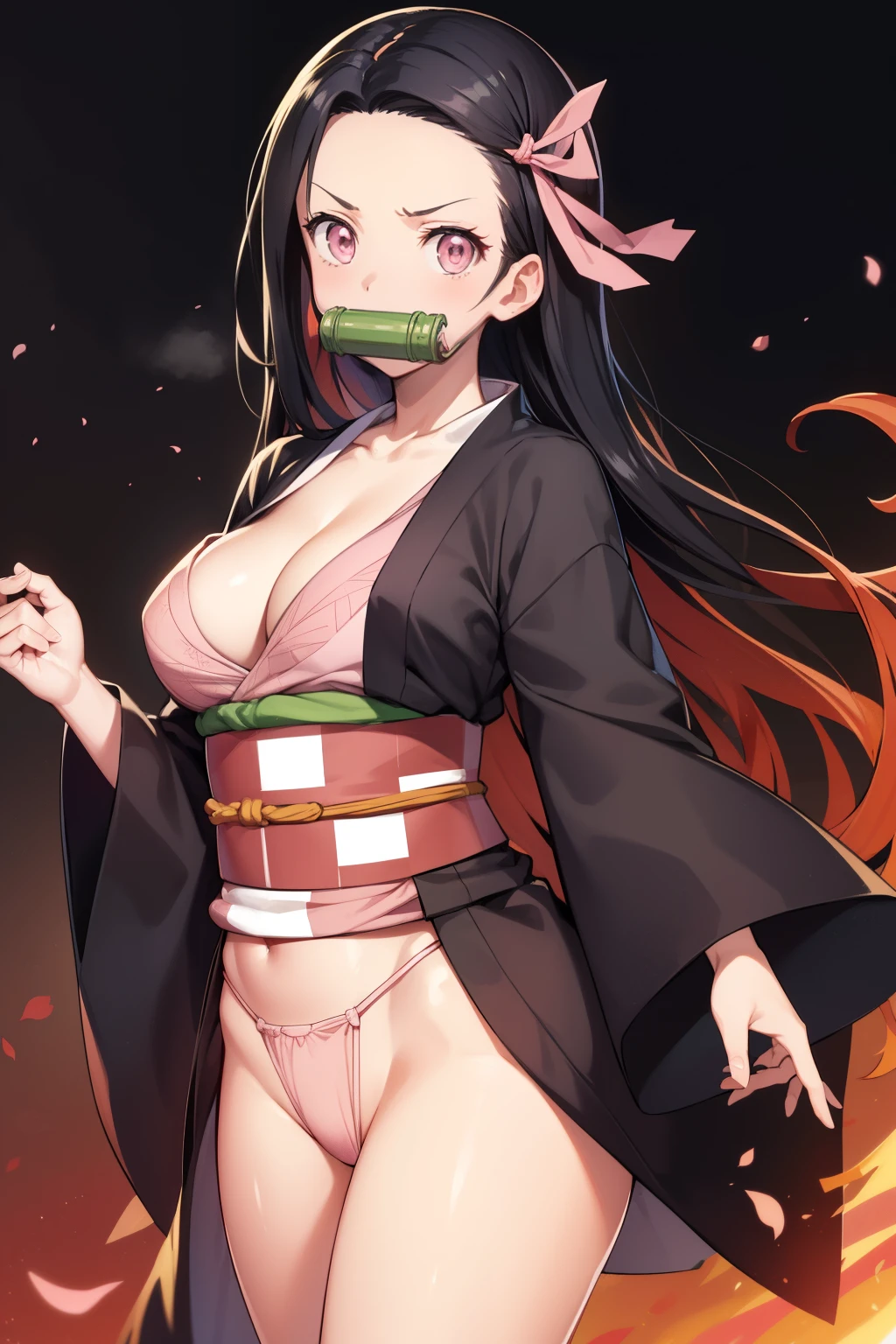 Nezu furnace, Nezuko Kamado, Bamboo, (bit gag:1.5), 1:1,Chibi,Black hair, (Forehead:1.5), gag, Gagged, Hair Ribbon, Long hair, multicolored hair, (Pink eyes:1.5), Orange hair, Slit pupils, Wavy Hair, Two-tone hair, angry face , menacing. 
Break asa is not (Pattern), Checkered sash, haori, komono, Kimono, Long sleeves, Obi, Pink kimono aberto , cleavage , big  breasts, thong pantie , sash, wariza,  Wide sleeves,
BREAK looking at viewer, kick , standing 
BREAK (masutepiece:1.2), Best Quality, High resolution, Unity 8k wallpaper, (Illustration:0.8), (Beautiful detailed eyes:1.6), extra detailed face, Perfect Lighting, extremely details CG, (Perfect hands, Perfect ???????),