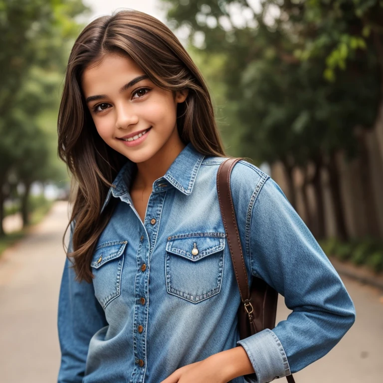 Girl, beautiful, teenager, brown hair, light brown eyes, walking clothes, denim shirt, with the face of actress Bela Fernandes, smile