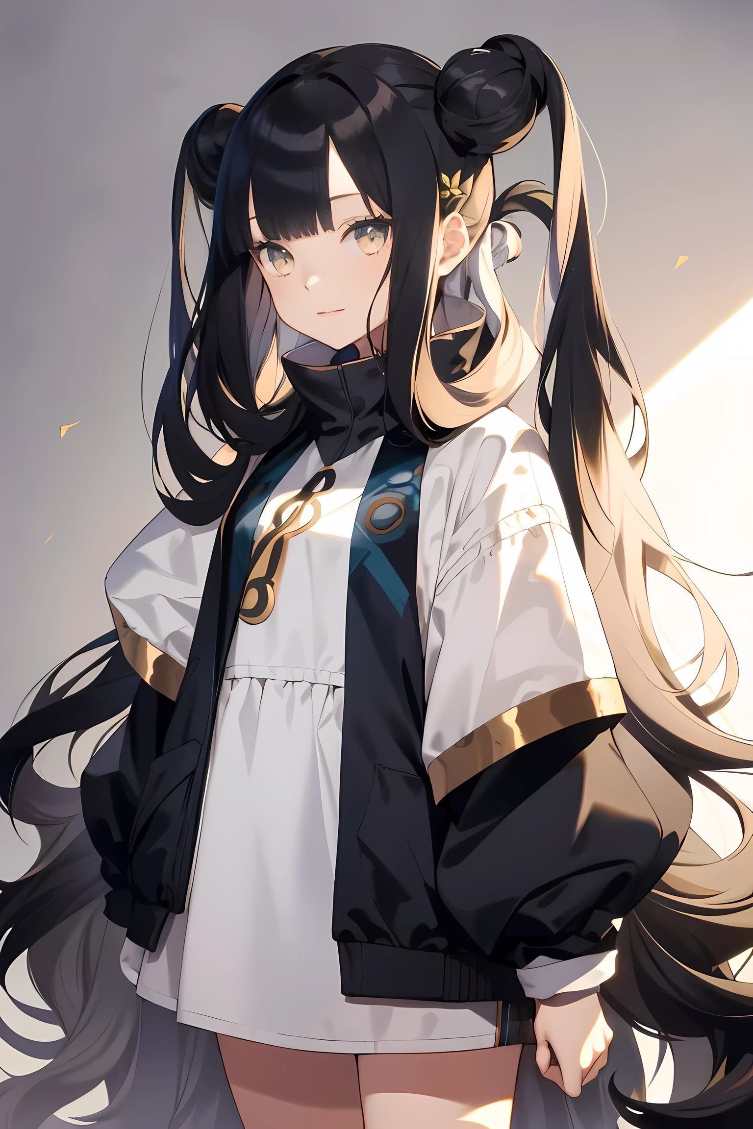 1 Female, ((Long Wavy Hair)), ((Half of her hair is white、The other half is black、Divided into two colors)), flowing bangs, ((Golden Eyes)), smile, modern clothes、((Looking down))