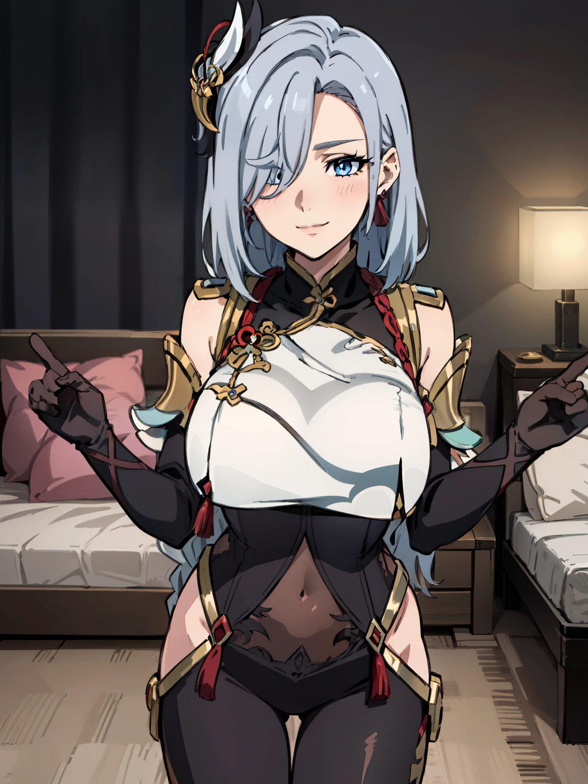 (Grabbing Viewer POV : 1.3), earrings, braided ponytail, puffy sleeves, gold trim, gloves, bodysuit, breast curtain, shoulder cutout, (covered navel), hip vent, clothing cutout, tassel, (luxury bedroom background), ShenheV4, anime cels style, best quality, high resolution, 1girl, (huge breasts:1.2), beautiful face, grey hair, long hair, hair ornament, hair over one eye, blue eyes, cowboy shot, smiling, blushing