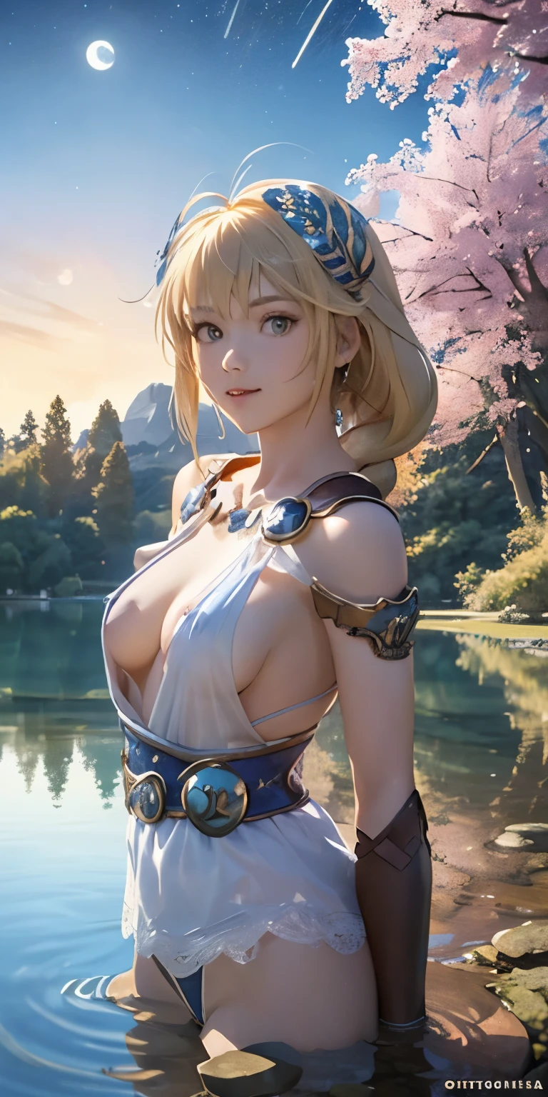 (masterpiece, best quality:1.3), Sophitia Alexandra, Soul Calibur, (upper body:1.5), anime, intricate detail, japanese style, 28 years old, look at viewer, gold hair, braid hair, (there is a beautiful night with a lake and trees in the background, colorful skies, surreal colors, colorful moon and stars, colorful sky, marvellous reflection of the sky:1.2), (taking off her clothes and taking a bath in the lake:1.2),