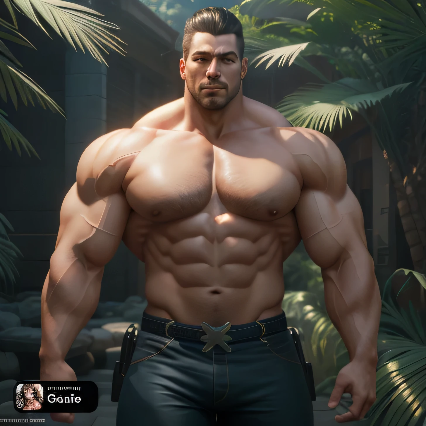 Hombre arafed con una pistola y un cuerpo sin camisa parado frente a una jungla, muscular character, muscular male hero, fuerte e imponente, muscular characters, big muscle, arnold render 3d, 3D rendering of Arnold, Arnold Maya renderizado, musculoso y aterrador, massive muscles, muy hermoso. big muscles, big muscles, Arnold render, personaje masculino, fornido