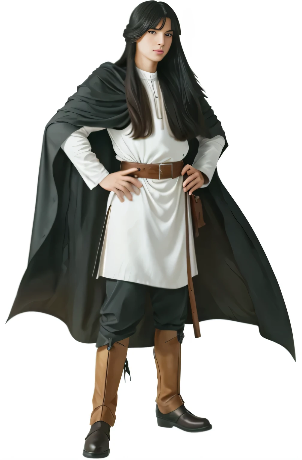(masterpiece, top quality, best quality, official art, beautiful and aesthetic:1.2), (1girl:1.3), ultrarealistic, long black hair, fair skin, extremely detailed, portrait, looking at viewer, solo, (full body:0.6), 7th century welsh armor, White Linen Garb, Black Cloak, 634 AD, red eyes