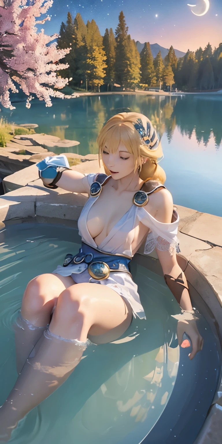 (masterpiece, best quality:1.3), Sophitia Alexandra, Soul Calibur, (from above:1.5), anime, intricate detail, japanese style, 28 years old, look at viewer, gold hair, braid hair, (there is a beautiful night with a lake and trees in the background, colorful skies, surreal colors, colorful moon and stars, colorful sky, marvellous reflection of the sky:1.2), (taking off her clothes and taking a bath in the lake:1.2),