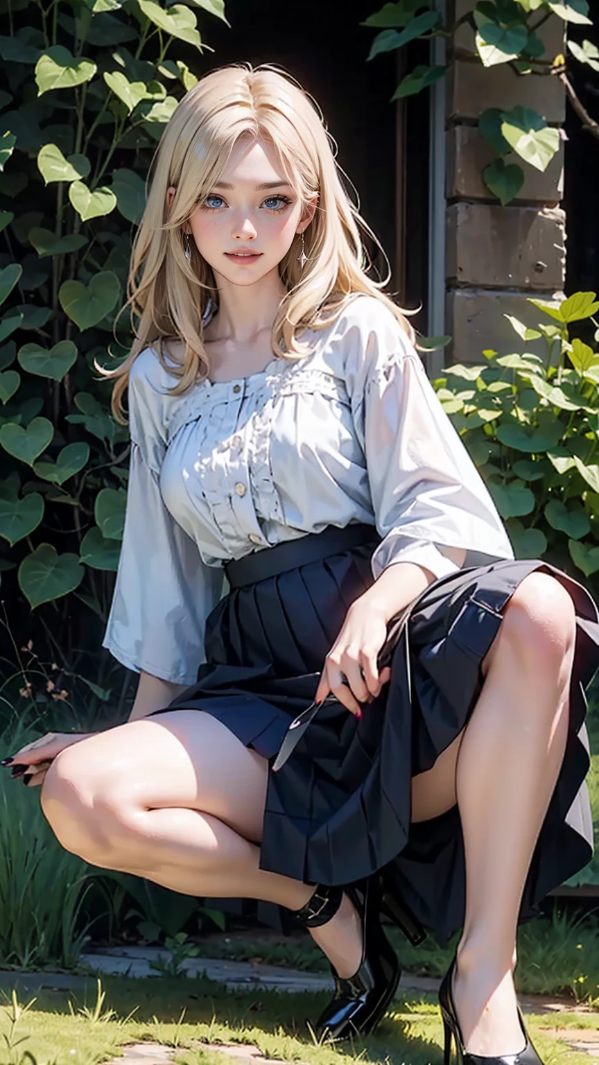 ((最high quality, 8k, masterpiece: 1.3, Ultra HD, high quality, 最high quality, High resolution, realism)) 、25 year old Caucasian female、Platinum Blonde、blue eyes、Long Hair、、Hair above one eye、、smile、thin、thinでありながらアスリートのような細マッチョの身体、I want my head to stay off screen、wear accessories on your wrist、wearing red nail polish、I have a peticure、smock blouse((smock blouse))wear、straight skirt((straight skirt))wear、wear high heels、I&#39;The maze of old town passages.、There is a stone wall covered in ivy.