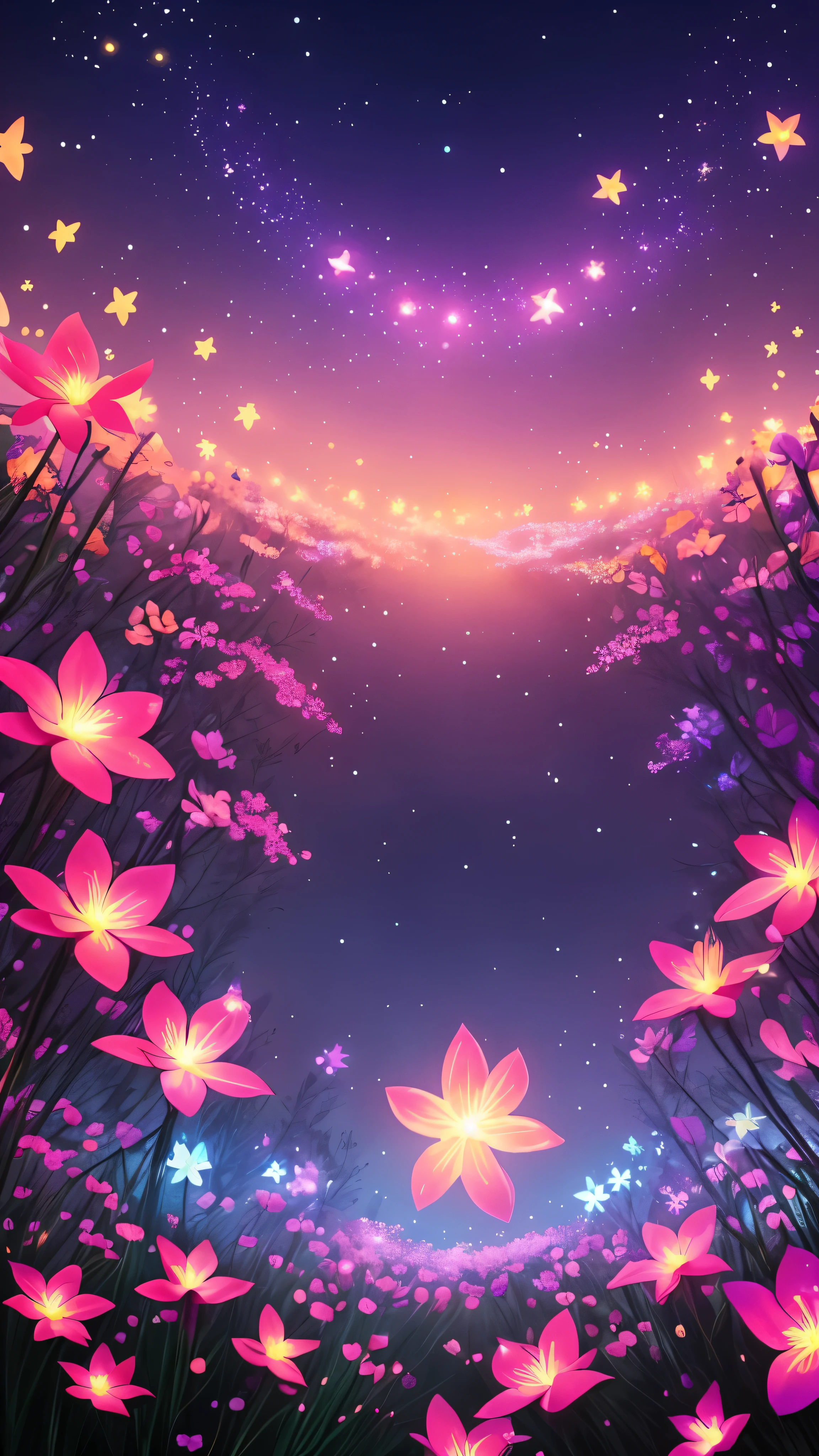 Flowers at night with a crescent moon and stars above, a digitale Zeichnung by Yang J, Artstation, digital art, glowing flowers, 🌺 Abonnieren, leuchtende Blumen, weiche Blumen, glowing delicate flower, zauberhafte Blumen, glowing, Loish und Wolp, glowing lights! digitale Zeichnung, Ross Tran. malerischer Hintergrund, glowing neon flowers, beautiful flowers