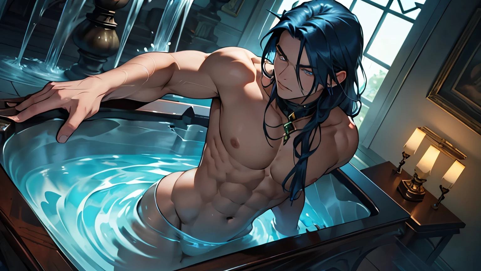 !
In a scene reminiscent of the vibrant world of Runeterra, a solitary man with long azure hair sits upon a bed, his lean, defined physique radiating an aura of raw sensuality. The room is adorned with tapestries evoking the mystical landscapes found within the League of Legends universe, adding an enchanting allure to the ambiance.
From above, the camera captures him in a pose that exudes both sultriness and allure, his legs spread wide apart, invitingly. Every contour of his body is sculpted with the precision of an artist, as his long, flowing locks cascade like waterfalls, framing his face with an ethereal elegance. Each strand seems to shimmer with the same enchanting glow as the celestial beings that populate the game's lore.
With effortless confidence, he leans back slightly, arching his back to accentuate the curves of his lithe form, and beckons the viewer's gaze to linger upon his slender frame. His bare chest rises and falls rhythmically with each breath, a tantalizing invitation to explore the depths of desire hidden within.
Soft, ambient light bathes the room, casting gentle shadows upon his skin, accentuating the contours of his body in a captivating play of light and shadow. His eyes, deep pools of cerulean blue, smolder with a seductive intensity, drawing the viewer deeper into the allure of his gaze.
It's a scene that captures the essence of temptation and desire, evoking the same sense of mystique and allure that permeates the world of Legends of Runeterra. With each glance, the man upon the bed entices the viewer to lose themselves in the intoxicating embrace of fantasy and desire.