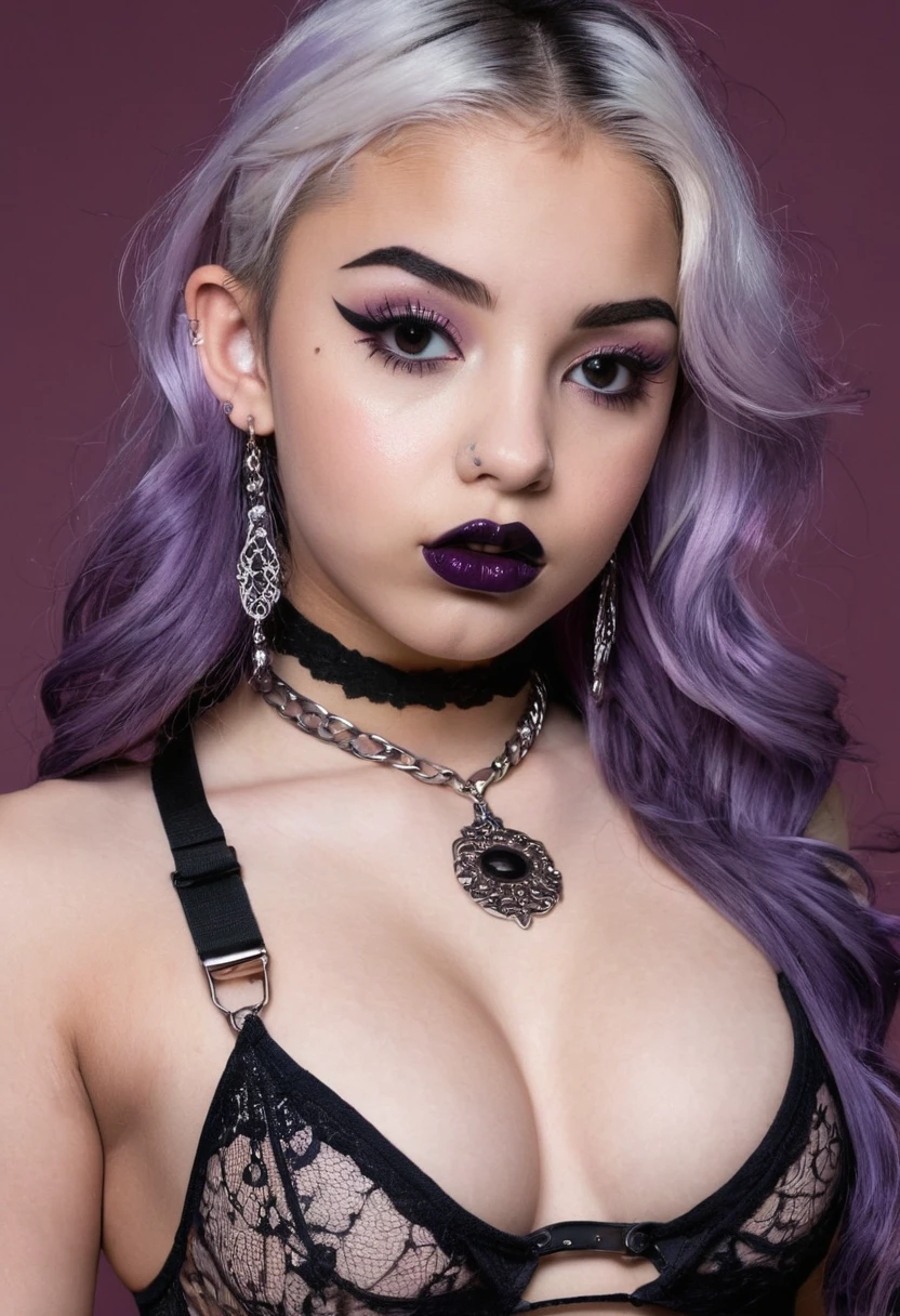  lolita, young girl facial features, tattooed face,high cheek bones, pure white skin, thin curved black eyebrows, long luscious eyelashes, Black eyeliner,dark purple eyelids, dark black eye shadow, thick black lipstick,puckered curved lips, Cleft chin, extremely detailed long black wavy hair, earrings, snake bites piercing, choker collar with chains, complete full body photo, flat chested, tattooed breast, tattooed Sternum underboob, tattooed stomach, abs, skinny waist, skinny toned hips, toned thighs, small tight little ass,clean shaved pussy, tattooed back, tattooed hips, thick toned ass, tattooed vagina, tattooed ass, sexy Erotic Lingerie Lace, 