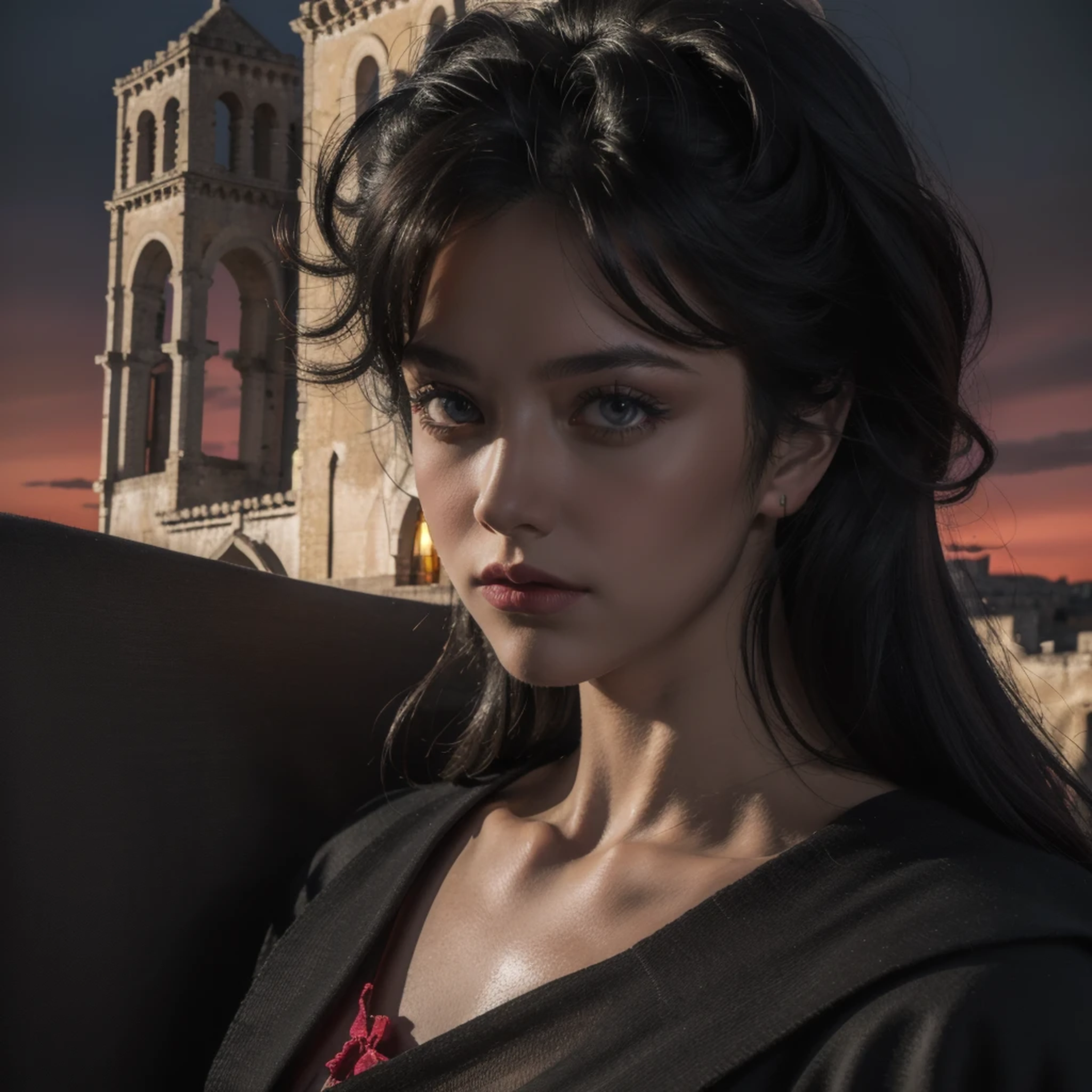 sassi_di_matera, a church at the top of the hill, atmospheric oliva lighting, 4k UHD, dark vibes, hyper detailed, vibrant colours red sky background, epic composition, octane render, sharp focus, high resolution isometric, closeup view. (sassi_di_matera)