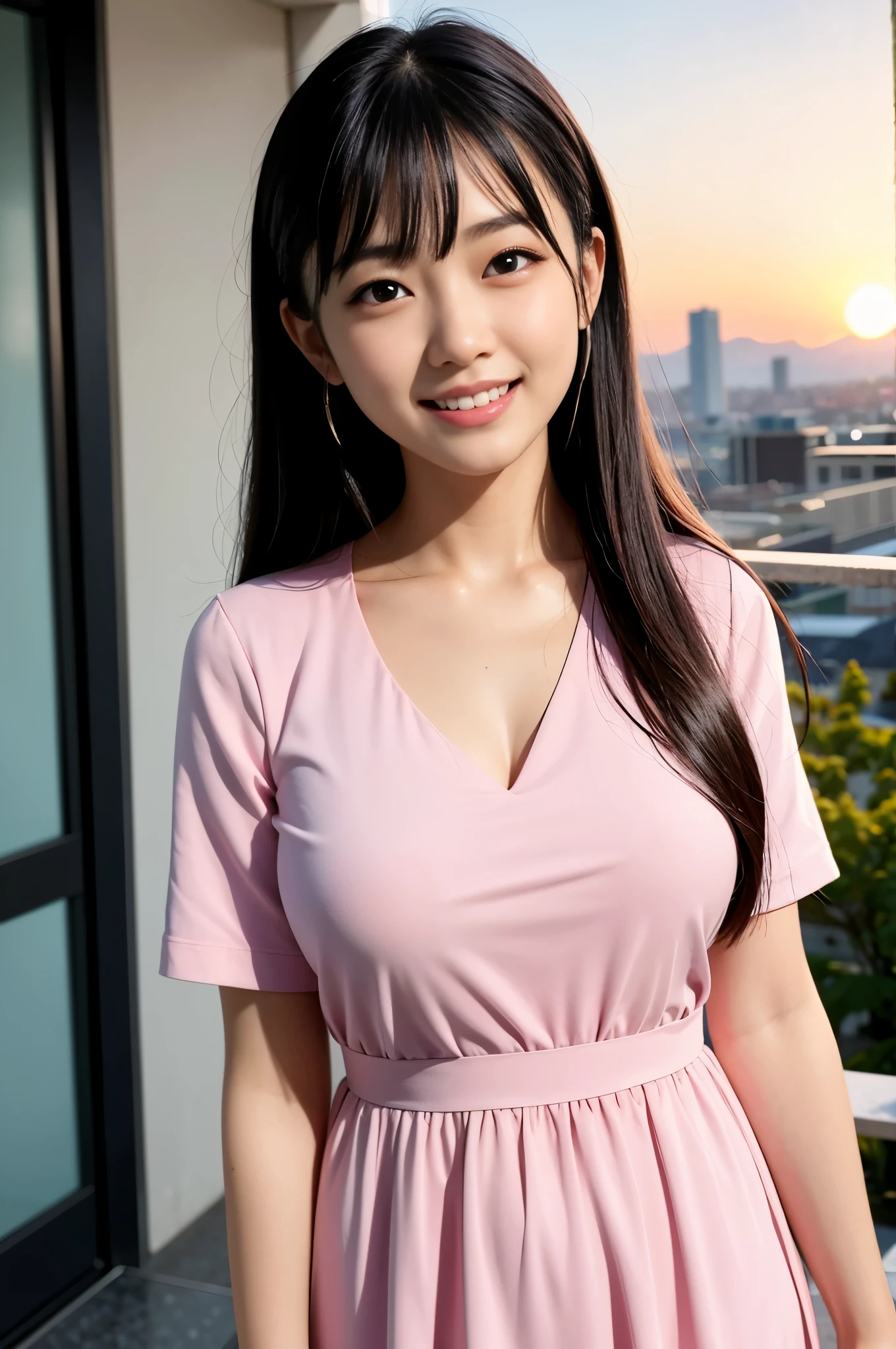 highest quality, figure, Ultra-detailed, finely, High resolution, 8K Wallpaper, 完璧なダイナミックな構figure, Beautiful Skin, (Big Eyes), 20 year old beautiful girl, Natural color lip, (Sexy pose), Mid chest, smile, Highly detailed face and skin texture, Detailed eyes, Double eyelid,leaking teeth and laughing, close-up, overhead shot, Long black hair, (Pink dress shirt:1.2), Sunset