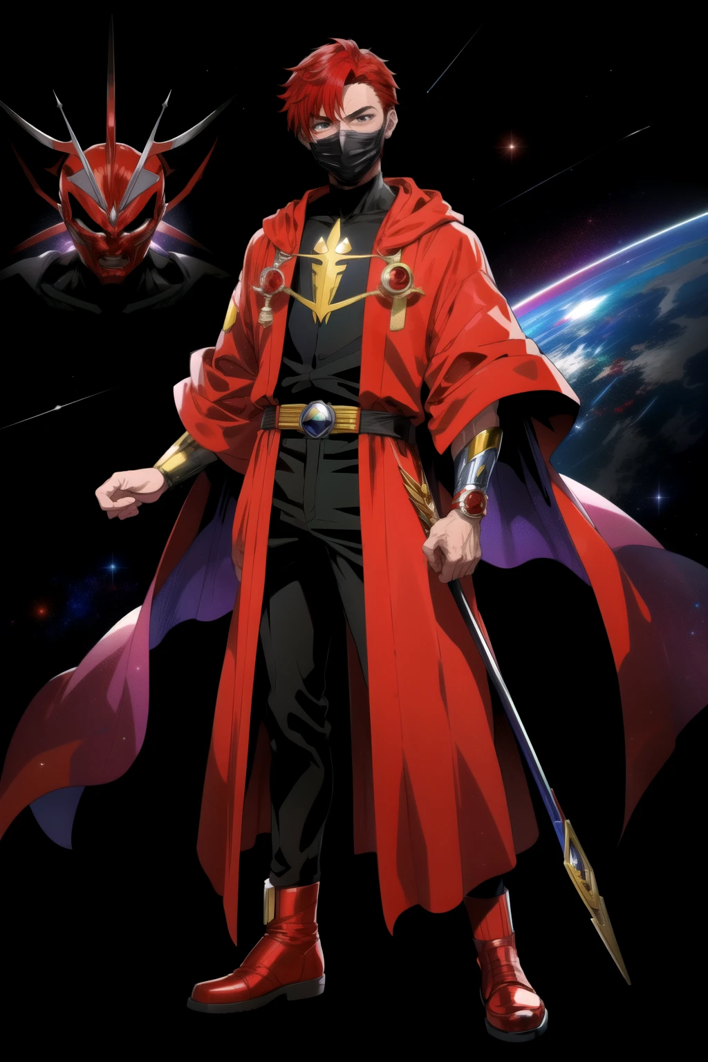 One male, 30 years old, power rangers villain, red hair, multi-colored robes, evil, space background, doctor's mask, full body