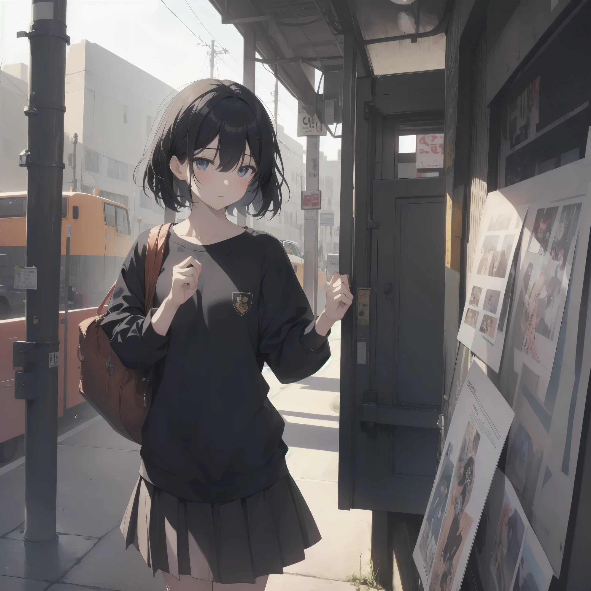 ultra-absurdres-Top quality by artist God, ultra-detailed, high resolution, anime moe artstyle, best anime 8k konachan wallpaper, pixiv contest winner,pool:2810, perfect anatomy,break, 1girl, (Please draw a girl walking sleepily to school alone. )break,(Solo,little female, 13-year-old:1.3),Full limbs, complete fingers,a junior high school student, (very short hair), short cut, flat chest, , small butt, small black eyes, beautiful detailed eyes, well-proportioned iris and pupils, expressive eyes, highres detailed hair, soft expression, school_uniform, official_alternate_costume, pleated skirt,(Detailed Lighting), (Detailed background), in the School commute route. break,super detailed skin, Best cinematic lighting powered by famous artist, 8k,beauty illustration,photoshop_(medium),very aesthetic,break,((artist:kou_hiyoyo )), artist:akinashi yuu ,artist:oyari ashito ,artist:kantoku ,