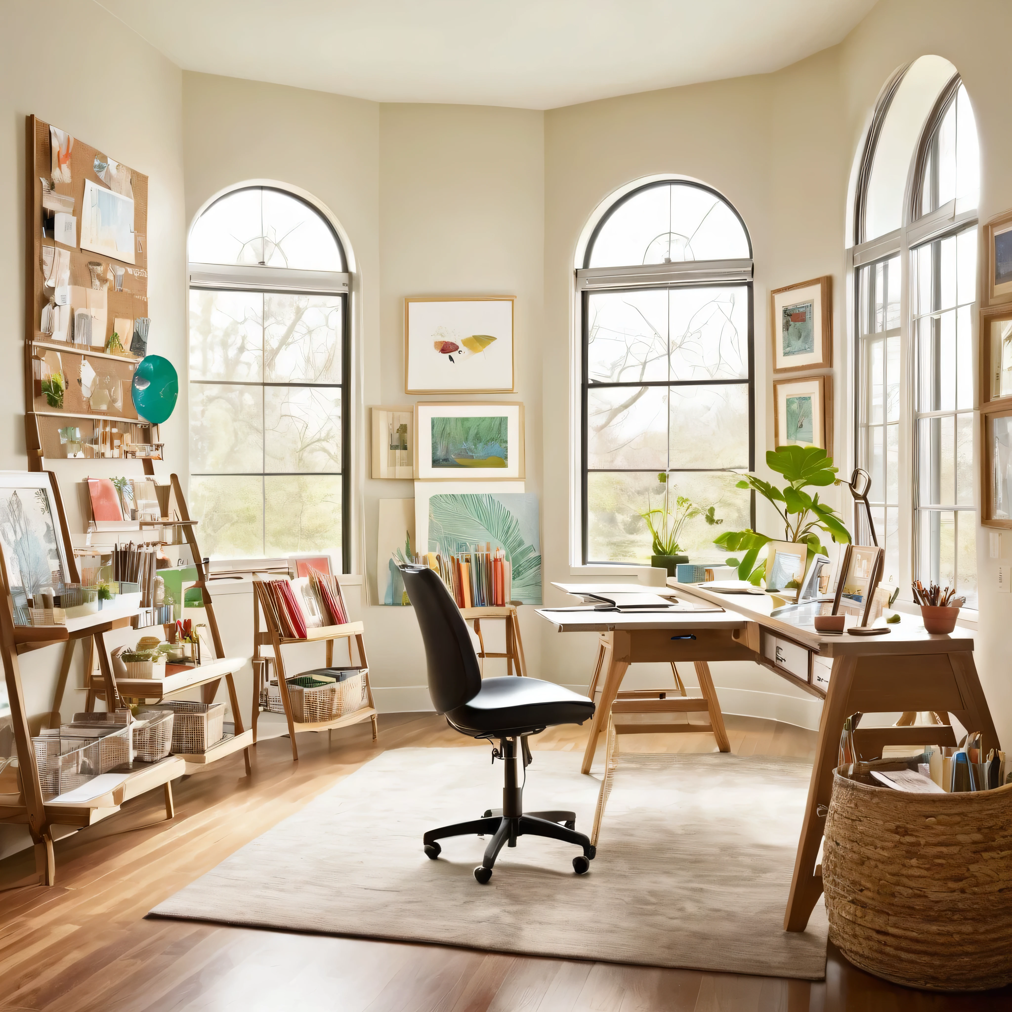 Crafting an Inspiring Creative Corner: Within the multifunctional space, the Creative Corner embodies a harmonious blend of tranquility and creativity, exuding modern European elegance. A spacious area beckons, adorned with sleek, minimalist furnishings and ample natural light streaming in through expansive windows. A large, sturdy table serves as the centerpiece, providing a generous workspace for artistic endeavors. Comfortable ergonomic chairs offer support for hours of creative exploration, while storage compartments neatly organize art supplies and materials. The walls feature gallery-style displays, showcasing inspiring artworks and motivational quotes to ignite the imagination. A tranquil atmosphere permeates the room, fostering an environment conducive to artistic expression and innovation. Whether sketching, painting, or journaling, immerse yourself in the creative process within this inviting space, where inspiration knows no bounds.