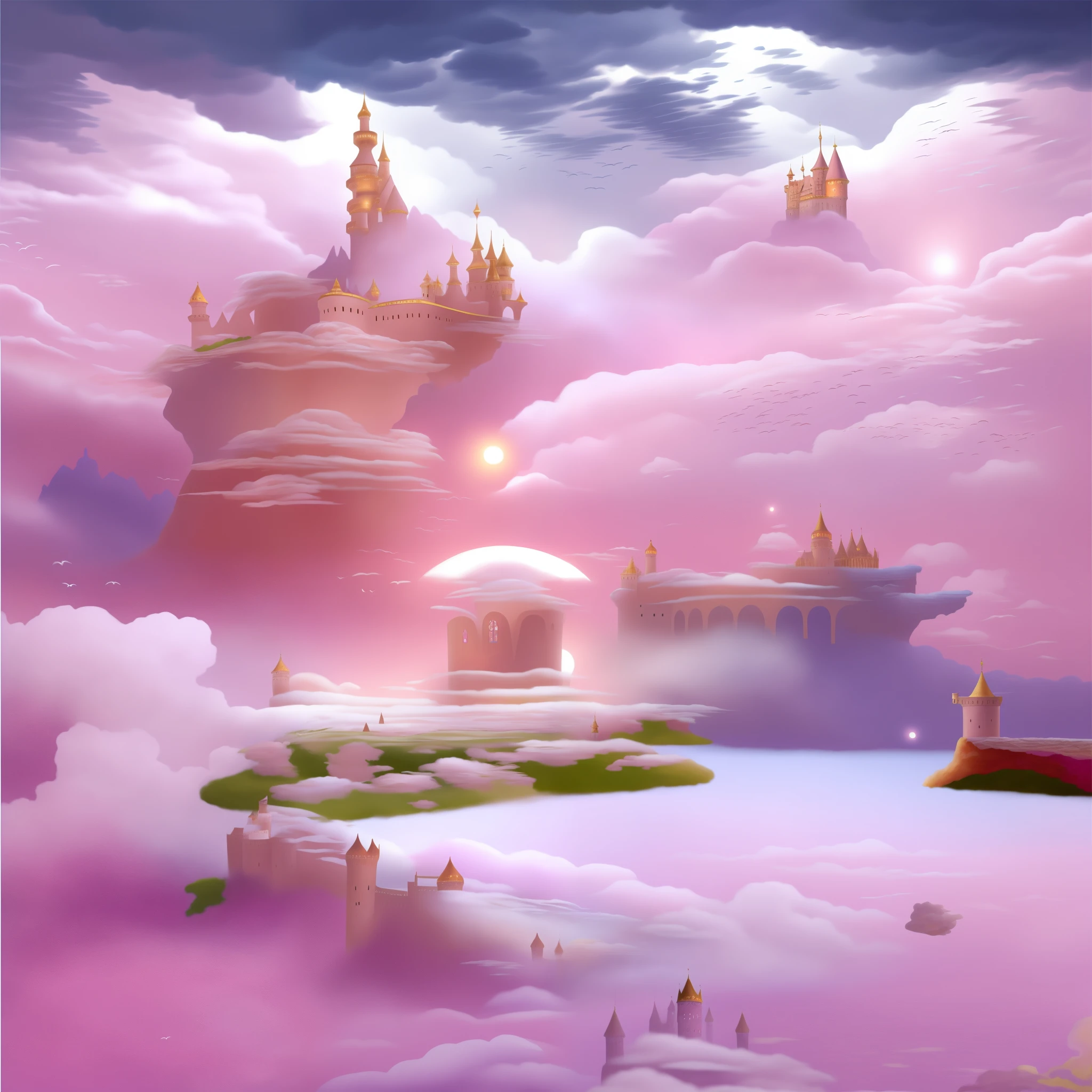 Best quality, super high resolution, 16K, viele Details, a painting of a castle in the clouds with pink sky, in the wonderland of white clouds, in the wonderland of white clouds, in the wonderland of white clouds, Background of the bright kingdom, detaillierte digitale Fantasy-Kunst, beautiful detailed fantasy, lying on the white cloud wonderland, Palast, der im Paradies schwebt, herrlicher Hintergrund, magisches Schloss, magische Fantasie sehr detailliert, fliegendes Wolkenschloss, Skurrile Fantasy-Landschaftskunst, Beautiful fantasy painting