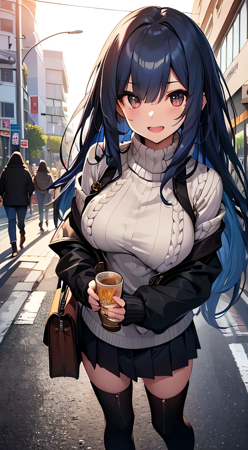Highest quality、Highest1people々 girl,high quality,A detaileded face、A detaileded eye、Detailed nose、Mouth details、 Beautiful expression, ((Masseter muscle area)), ((High resolution)), ((Highest quality)), detailed, (Excited face.very happy,),(Off-the-shoulder knit sweater、Tight mini skirt、Black Stockings、Knee-high boots、1 bag)、 girl and,Blue Hair, (Straight long hair)、Standing posture、White skin:1.3、、Big Breasts, Cinema Lighting, It's perfectly shaded,(((On the street))), Realistic lighting with shades,Show the whole body