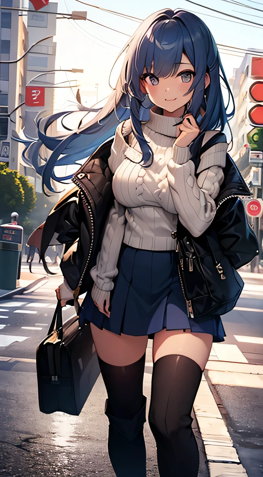 Highest quality、Highest１people々 girl,high quality,A detaileded face、A detaileded eye、Detailed nose、Mouth details、 Beautiful expression, ((Masseter muscle area)), ((High resolution)), ((Highest quality)), detailed, (Excited face.very happy,),(Off-the-shoulder knit sweater、Tight mini skirt、Black Stockings、Knee-high boots、1 bag)、 girl and,Blue Hair, (Straight long hair)、Standing posture、White skin:1.3、、Big Breasts, Cinema Lighting, It&#39;s perfectly shaded,(((On the street))), Realistic lighting with shades,Show the whole body