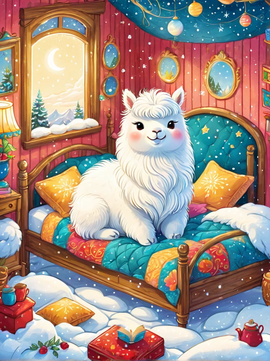 Lovelyillustration羊驼屋，Snow-white alpaca，hibernation，Lovely，sleep，Comfortable and warm，Looks happy，illustration，popularity，rich and colorful，draw with thick lines，color，dim，Light，hibernation的羊驼正在sleep，Have a sweet dream，Home is warm，Full of happiness，rich and colorful，Gorgeous，fantasy，Patchwork，Quilt，details，Fluffy，Randolph Caldecott Style, Children&#39;s RedmAF