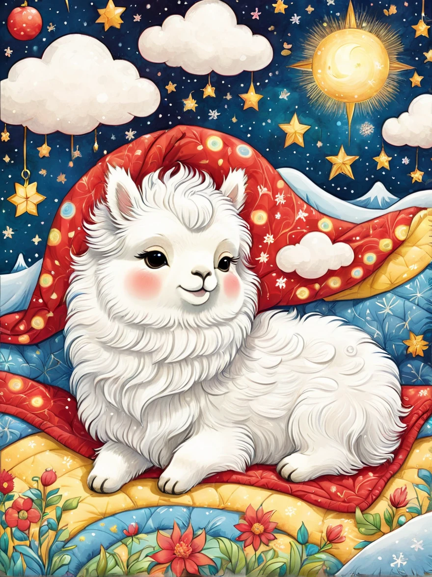 Lovelyillustration羊驼屋，Snow-white alpaca，hibernation，Lovely，sleep，Comfortable and warm，Looks happy，illustration，popularity，rich and colorful，draw with thick lines，color，dim，Light，hibernation的羊驼正在sleep，Have a sweet dream，Home is warm，Full of happiness，rich and colorful，Gorgeous，fantasy，Patchwork，Quilt，details，Fluffy，Randolph Caldecott Style, Children&#39;s RedmAF