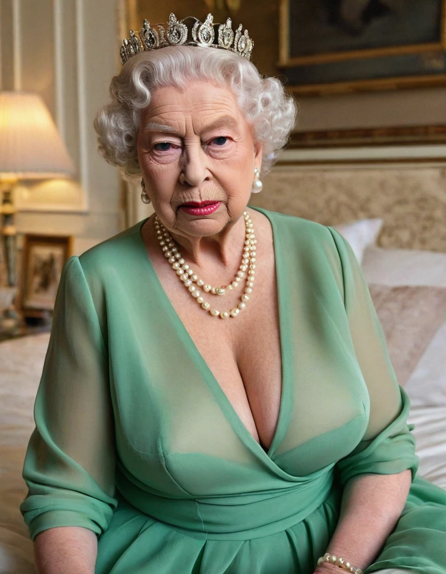 (gorgeous queen elizabeth 80yo), (huge breast:1.4), cleavage, Passionate, sitting on a bed, (nsfw:1.4), (((chiffon green shirt))), lipsticks, penis, Pearl Necklace