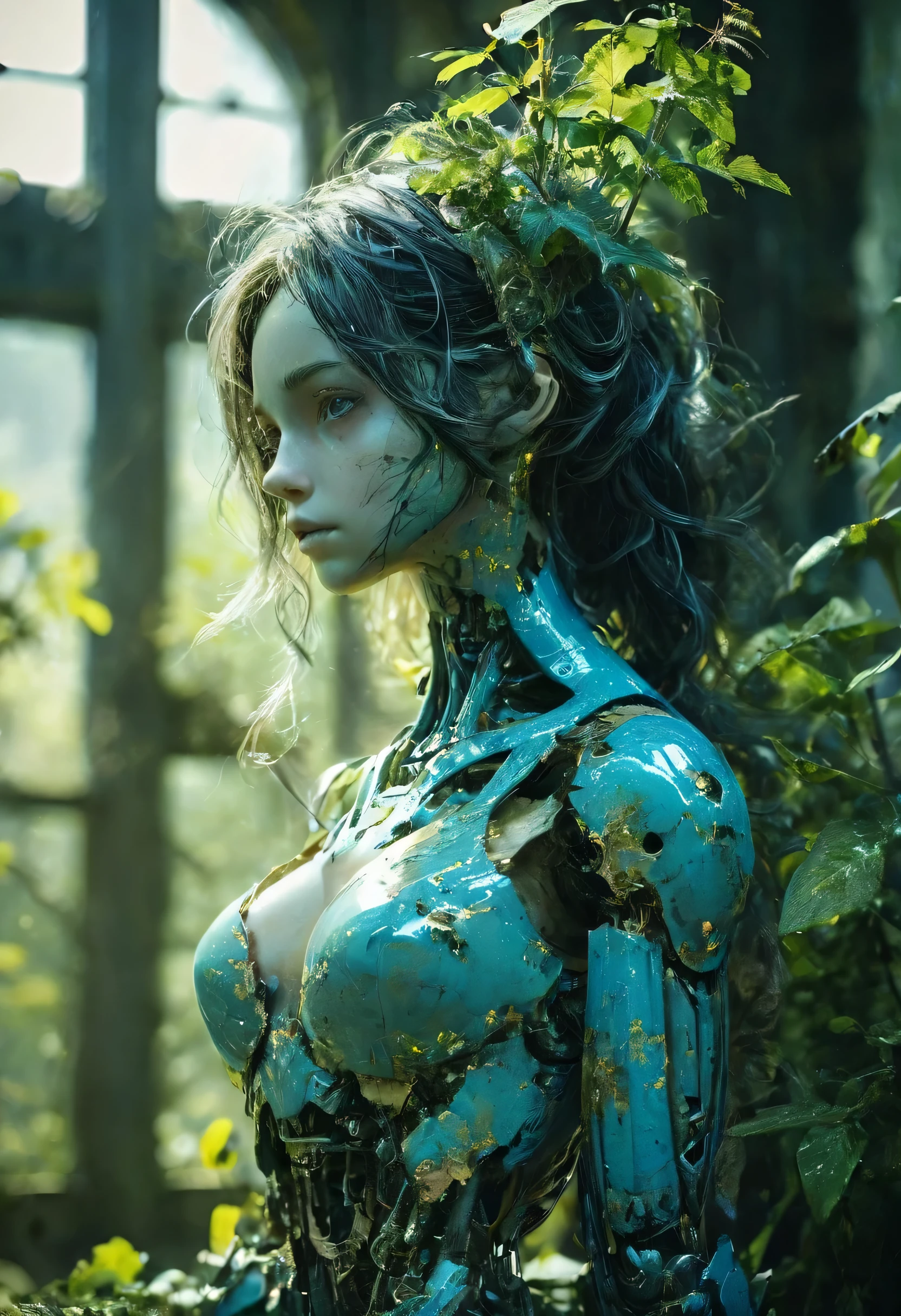 Best quality: 1.0), (Super High Resolution: 1.0),a broken feminine humanoid robot a light shone on her,dented, scratched, flaking peeling paint, in a abandoned temple room, mossy and fungus, once pretty,An artistic photograph,full body,(Remote shooting:1.4),closeup 50mm f/1.3,bailong plant girl, girl made of dead plants,a girl made of blue plants,forest,plant,antlers,