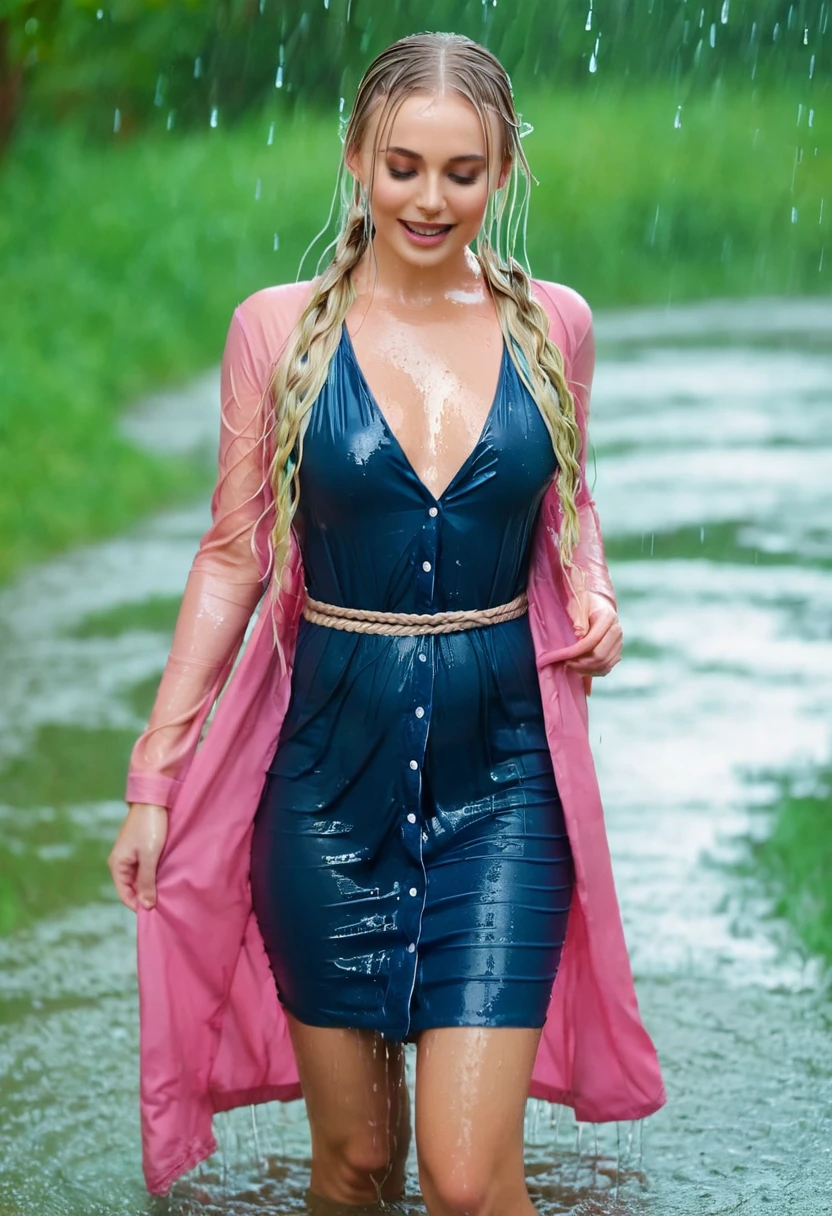 young woman, 27 years old,.She stands in a warm thermal spring. It is raining.  She is standing in water up to her waist. She smiles with pleasure, savouring the warm water running over her long, wet, blonde, braidet hair, her clothes and her body. Beautifull, soft, lengthy face, big eyes,ful open lips, pink Summer dress, a belt intenses her wesp-taille. Over all wearing a blue, long  Trench coat, Coat unbuttoned.  (blonde, very long hair, two braids ) (dripping wet hair), clothes dripping wet,soaked, transparent, (seethru), stiff breasts, ((nipples)), braless, slim body.