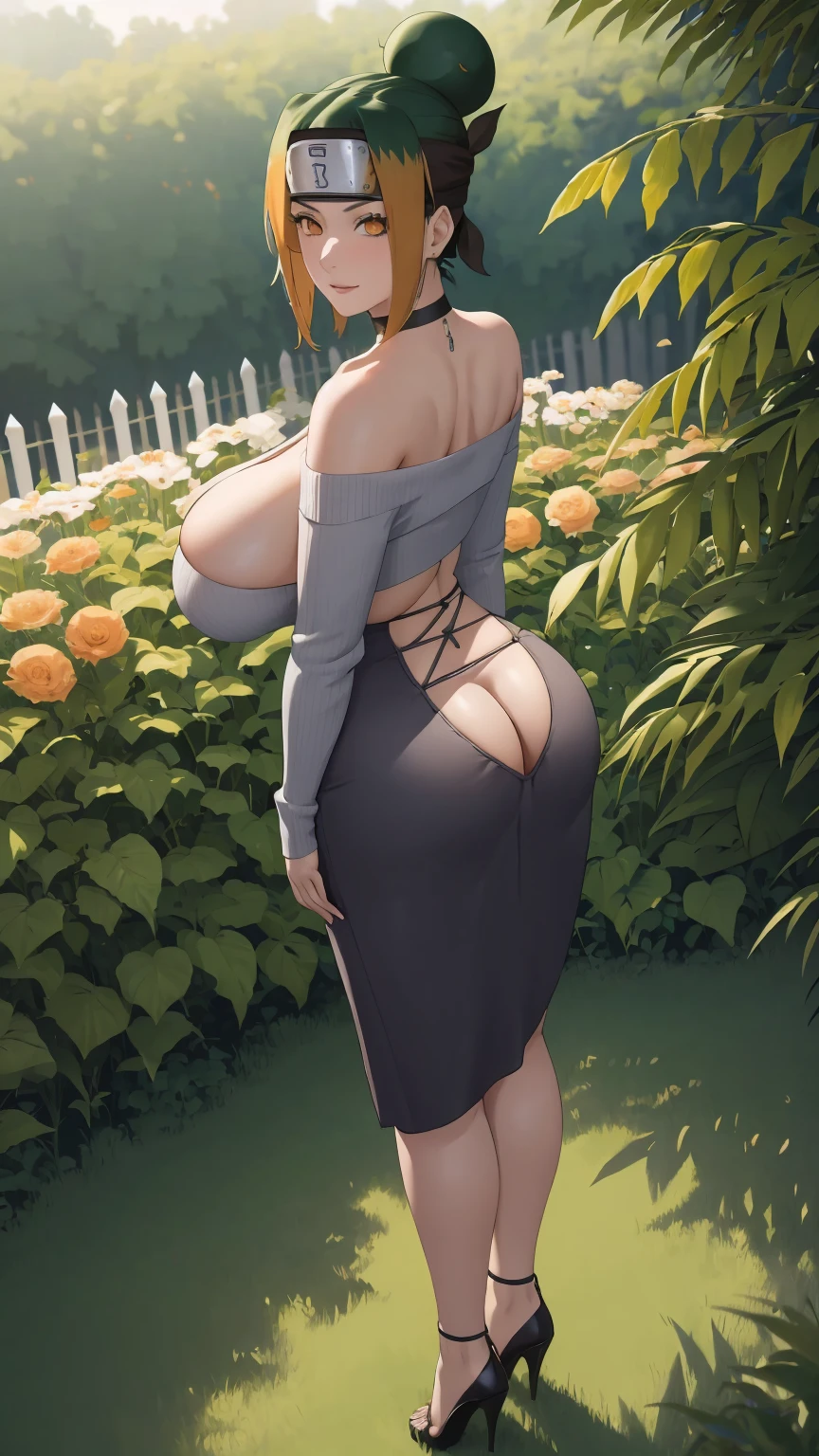 masterpiece, best quality, extremely detail 8k cg, high resolution, 1girl, pakura, green hair, orange eyes, perfect eyes, choker, outfit-gls, sweater, high-waist skirt, high heels, perfect ass, huge breasts, forhead protector, outdoors, garden, standing, beautiful face, wide shot photo, full body, from behind