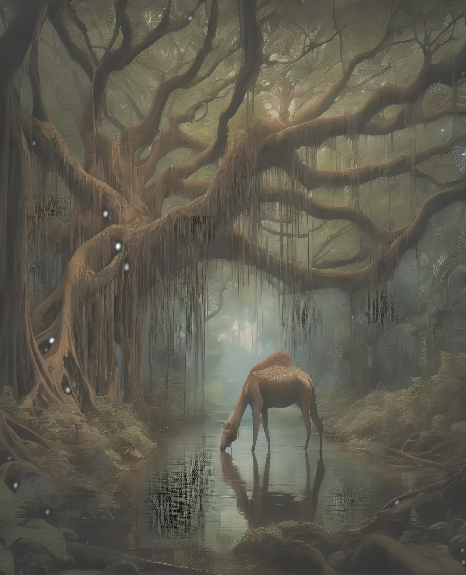 there is a canel drinking water from a stream in the forest, beautiful ancient forest, ancient forest, mysterious jungle painting, fantasy jungle, fantasy forest, enchanted with nature spirit, surreal forest, mystical forest lagoon, surreal and fantasy art, in a magical forest, a fantasy forest, in the deep forest, magical forest backround, fantasy artrealistic painting