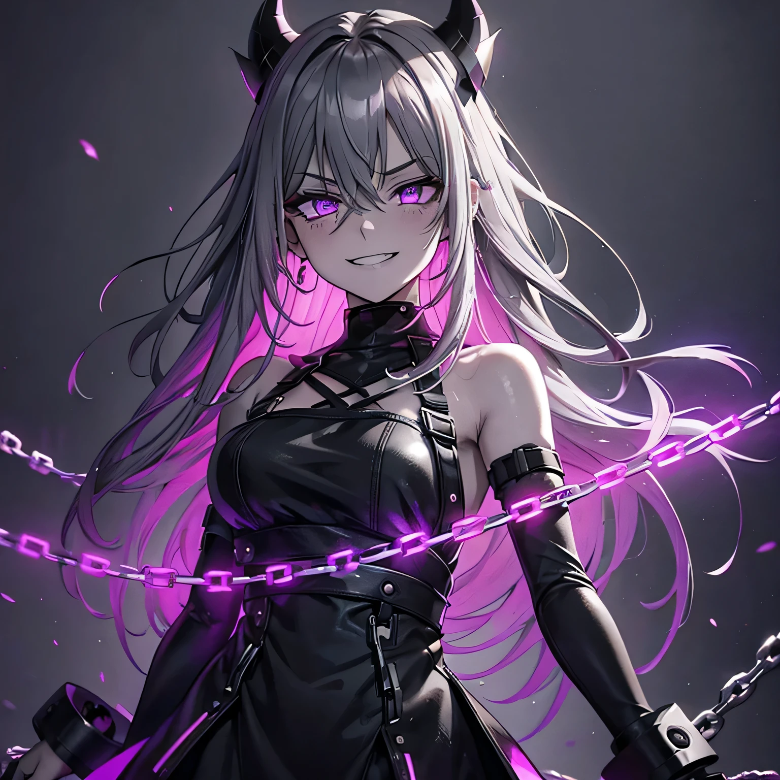 1 girl, wallpaper, Overall image, Gray wall background, Dark painting, broken wall background, Asymmetrical Hair, Grey Hair, Multicolored Hair, Long Hair, psycho smile, evil_smile, Deep purple eyes, Side view, View your viewers, long chain shackle, Neon lights on the background, , Grin, Disheveled Hair, Black Dress