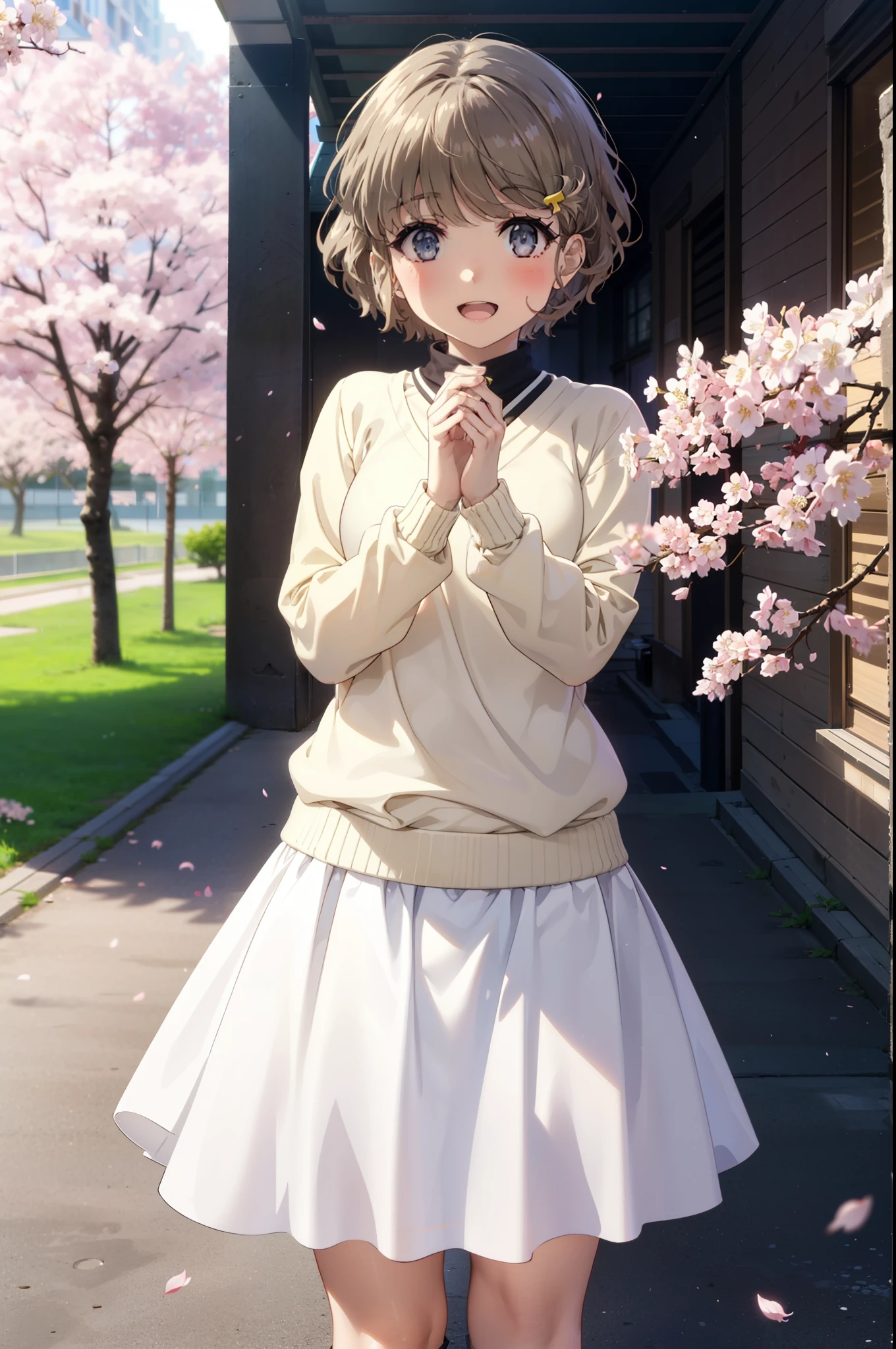 tomoekoga, Chie Koga, short hair, brown hair, blue eyes, Hair Clip,Green Tokkuri Sweater,White long skirt,Mini Boots,blush,smile,happy smile, smile, Open your mouth,Cherry blossoms are blooming,Cherry blossoms are scattered,Cherry blossom tree-lined path,morning,morning陽太陽が登っている,
break outdoors, School School building,
break looking at viewer, (Cowboy Shot:1.5),
break (masterpiece:1.2), highest quality, High resolution, unity 8k wallpaper, (figure:0.8), (Beautiful fine details:1.6), Highly detailed face, Perfect lighting, Highly detailed CG, (Perfect hands, Perfect Anatomy),