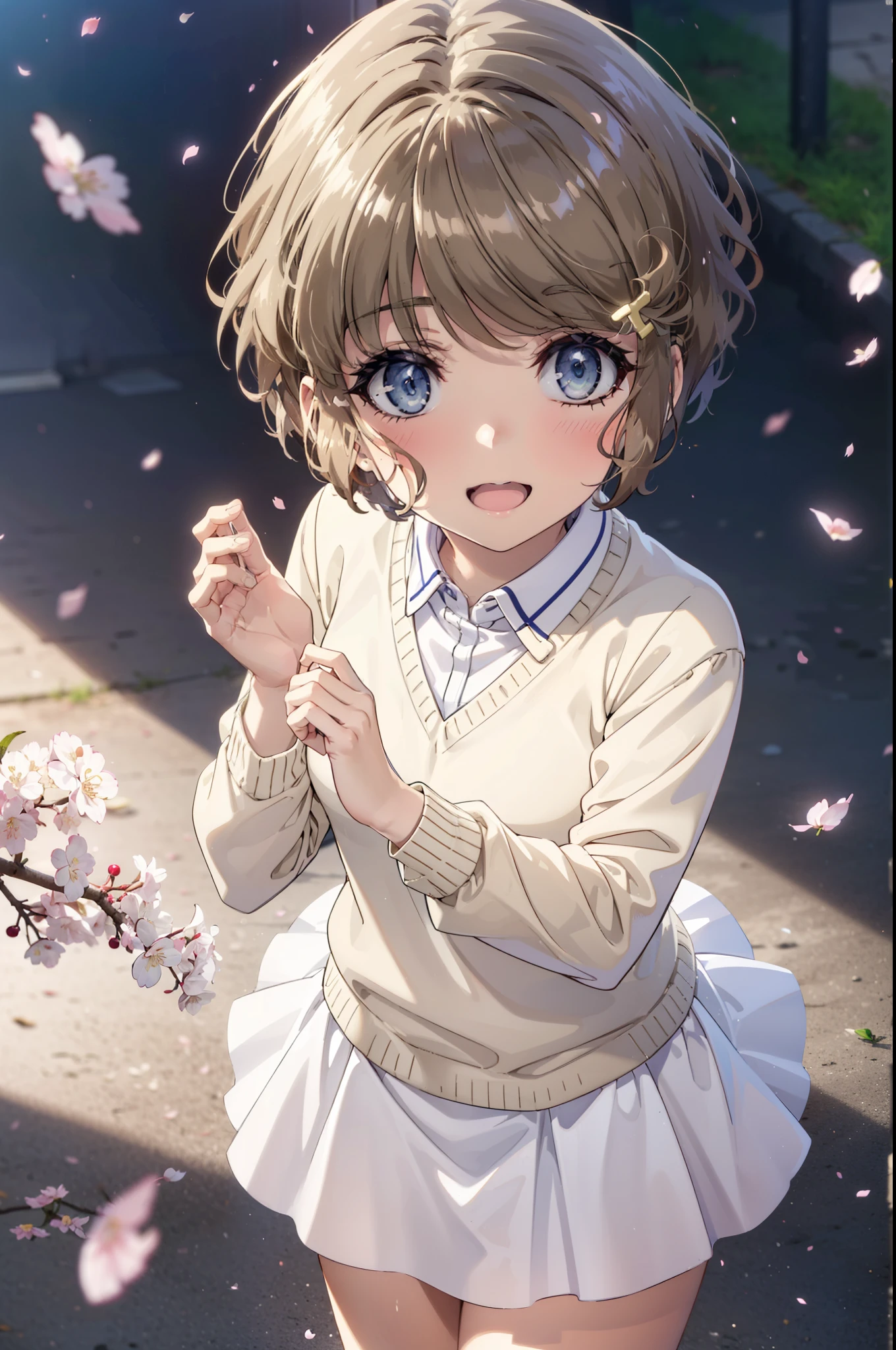 tomoekoga, Chie Koga, short hair, brown hair, blue eyes, Hair Clip,Green Tokkuri Sweater,White long skirt,Mini Boots,blush,smile,happy smile, smile, Open your mouth,Cherry blossoms are blooming,Cherry blossoms are scattered,Cherry blossom tree-lined path,morning,morning陽太陽が登っている,
break outdoors, School　School building,
break looking at viewer, (Cowboy Shot:1.5),
break (masterpiece:1.2), highest quality, High resolution, unity 8k wallpaper, (figure:0.8), (Beautiful fine details:1.6), Highly detailed face, Perfect lighting, Highly detailed CG, (Perfect hands, Perfect Anatomy),