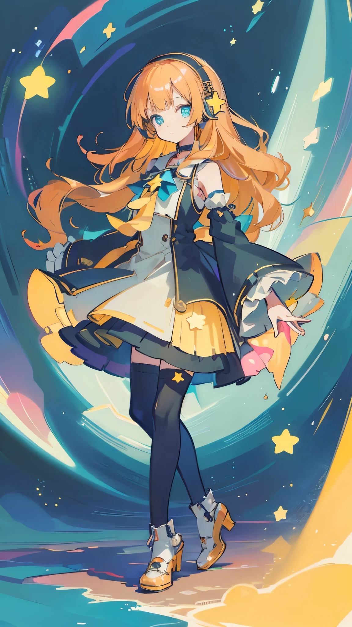 (Best Picture:1.2), (Best Quality:1.3), style, Masterpiece, highest quality, full body, looking at viewer, white background, standing, finely detail, detailed face, full of details, highly detailed, depth, 1girl, anime girl in a skirt and headphones, long hair, wavy hair, blunt bangs, orange hair, vocaloid fashion, big shoes, detached sleeves, skirt, pleated skirt, leg warmers, stockings, black choker, hair ribbon, teal eyes, ((star-shaped pupils)), star (symbol), kawaiitech, futuristic space suit.