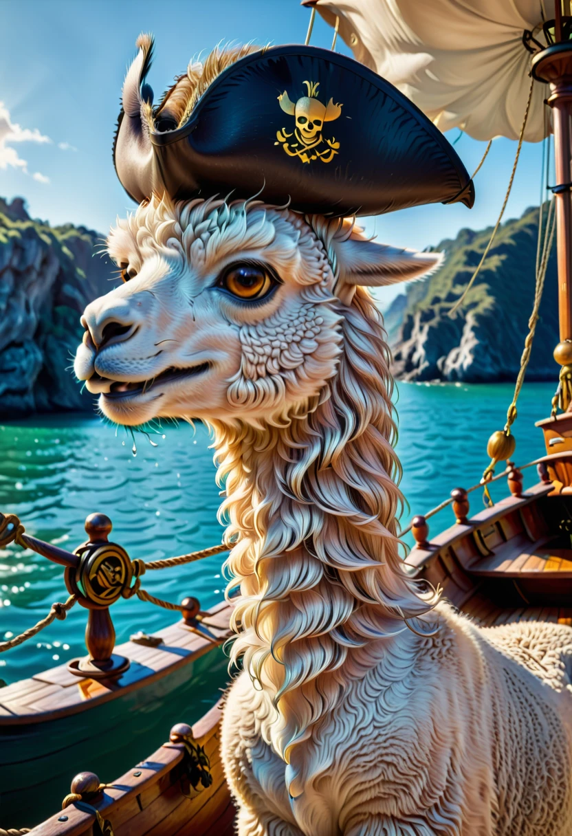 ((una alpaca, arriba de un barco pirata, con un parche en el ojo:1.5)), ((calor, hot day, barco pirata:1.5)), realista:1.3,( fotorrealista, 8k, fotos RAW, calidad Premium , obra maestra, epic lighting, imagen centrada), (plano amplio), plano de cuerpo completo, 32k