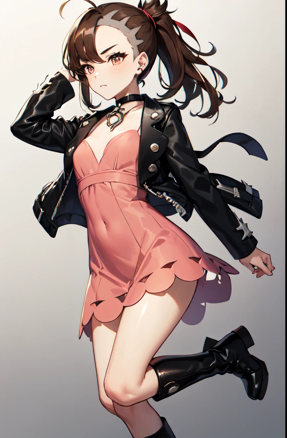 marnie_outfit, dress, pink dress, jacket, black jacket, open jacket, boots, ankle boots, black footwear, choker, black choker, collar,, absurdres, ultra detailed, masterpiece, best quality, aesthetic, detailed,, solo, frown,
1girl, red eyes, (tsurime:1.2), (brown hair:1.3), medium hair, (asymmetrical bangs, swept bangs, cowlick:1.35), flipped hair, foldedponytail, folded ponytail, (small breasts:1.3),