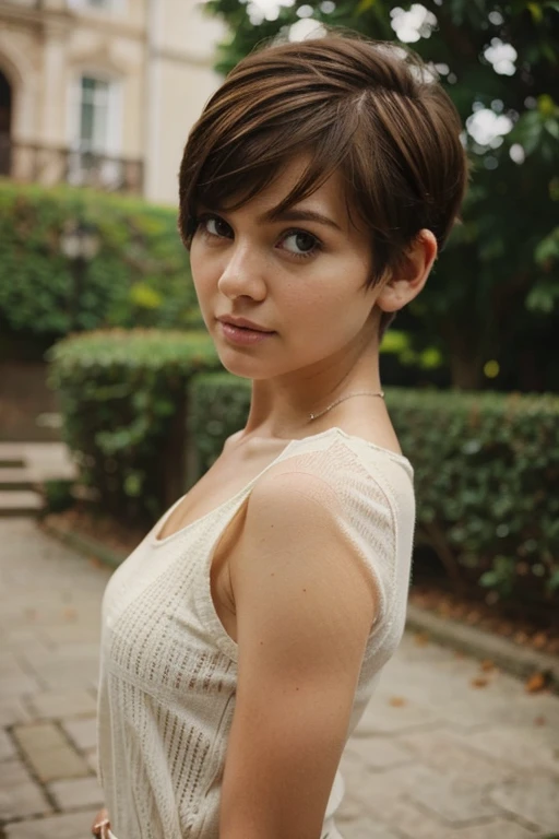 (Mejor calidad,Hyper realistic,ultra detallado,8k), adolescente, Fifteen years old, Shy, triste, palidez, Grandes ojos azules, piel muy blanca, small nose, short brown hair with bangs, melancholia, Delicado, femenino, cuerpo delgado, garden of a thousand white roses, Torre Eiffel.