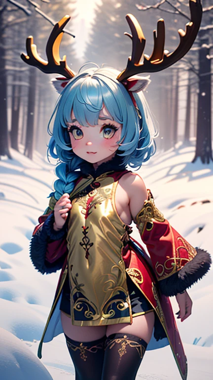 girl,(((1girl))),((extremely cute and beautiful olive haired anime reindeer girl)),(((anthro furry:1.2),Playboy_Reindeer, reindeer_antlers,(huge antlers:1.5,dear antlers:1.5,blooming antlers:1.5))),
cute reindeer girl,(((,tiny body,little,chibi))),(((6 years old))),((anime reindeer girl with extremely cute and beautiful olive hair)),(((1 toddler:1.4))),(baby face),(round face),
(((flat chest))),((((olive hair:1.35,short braided hair,very short olive hair,colored inner hair,ear breathing)))),((olive_eyes:1.3))),intricate eyes,beautiful detailed eyes,symmetrical eyes,big eyes:1.5,(((lustrous skin:1.5,bright skin: 1.5,skin tanned,shiny skin,very shiny skin,shiny body,plastic glitter skin,exaggerated shiny skin,illuminated skin))),(detailed body,(detailed face)),
cute,
zettai ryouiki,revealing clothing,show skin,(winter clothes),(((winter outfit,fur trench coat))),(((furry edge clothing)))),mini skirt,(navel),(snowflake wreath),(((intricate outfit,intricate clothes,embroidered outfit,ornate outfit,embroidered clothes,ornate clothes))),
(dynamic pose:1.0),embarrassed,(centered,scale to fit dimensions,Rule of thirds),
((snowy pine forest)),winter,scenery:1.25,((intricate scenery)),((snow forest background)),
(Glossy winter ornaments),highres,sharp focus,(ultra detailed,extremely detailed),(photorealistic artwork:1.37),(extremely detailed CG unity 8k wallpaper),(((vibrant colors,vibrant theme))),(intricate),(masterpiece),(best quality),artistic photography,(photography taken by sldr),(intricate background),perfect rendered face,perfect face details,realistic face,photo realistic,((intricate detail)),(((realism))),