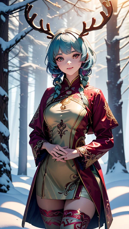 girl,(((1girl))),((extremely cute and beautiful olive haired anime reindeer girl)),(((anthro furry:1.2),Playboy_Reindeer, reindeer_antlers,(huge antlers:1.5,dear antlers:1.5,blooming antlers:1.5))),
cute reindeer girl,(((,tiny body,little,chibi))),(((6 ))),((anime reindeer girl with extremely cute and beautiful olive hair)),(((1 toddler:1))),(baby face),ce),
(((flat chest))),((((olive hair:1.35,short braided hair,very short olive hair,colored inner hair,ear breathing)))),((olive_eyes:1.3))),intricate eyes,beautiful detailed eyes,symmetrical eyes,big eyes:1.5,(((lustrous skin:1.5,bright skin: 1.5,skin tanned,shiny skin,very shiny skin,shiny body,plastic glitter skin,exaggerated shiny skin,illuminated skin))),(detailed body,(detailed face)),
cute,
zettai ryouiki,revealing clothing,show skin,(winter clothes),(((winter outfit,fur trench coat))),(((furry edge clothing)))),mini skirt,(navel),(snowflake wreath),(((intricate outfit,intricate clothes,embroidered outfit,ornate outfit,embroidered clothes,ornate clothes))),
(dynamic pose:1.0),embarrassed,(centered,scale to fit dimensions,Rule of thirds),
((snowy pine forest)),winter,scenery:1.25,((intricate scenery)),((snow forest background)),
(Glossy winter ornaments),highres,sharp focus,(ultra detailed,extremely detailed),(photorealistic artwork:1.37),(extremely detailed CG unity 8k wallpaper),(((vibrant colors,vibrant theme))),(intricate),(masterpiece),(best quality),artistic photography,(photography taken by sldr),(intricate background),perfect rendered face,perfect face details,realistic face,photo realistic,((intricate detail)),(((realism))),