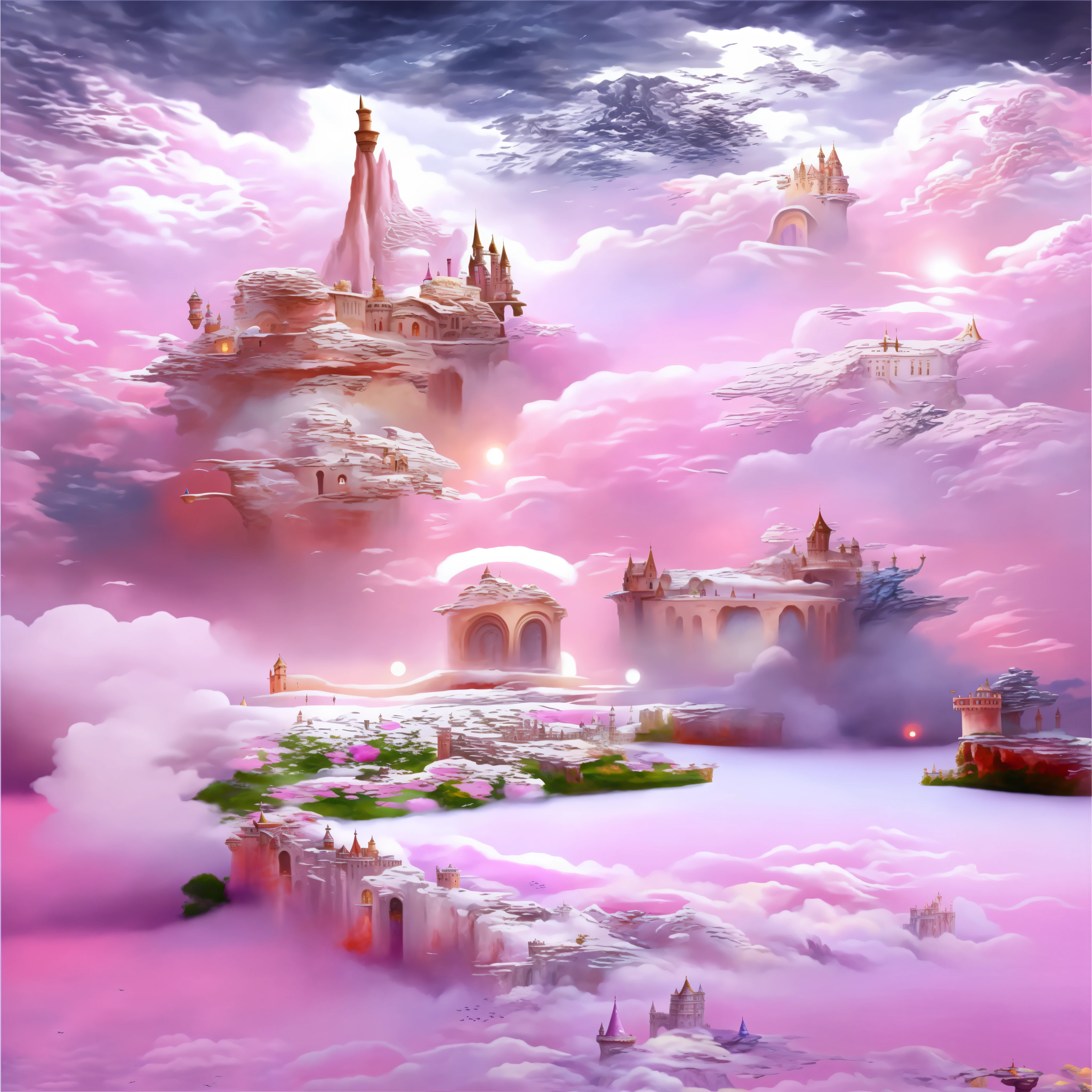 best quality, Super high resolution, 16K, viele Details, a painting of a castle in the clouds with pink sky, in the wonderland of white clouds, in the wonderland of white clouds, in the wonderland of white clouds, Background of the bright kingdom, detaillierte digitale Fantasy-Kunst, beautiful detailed fantasy, lying on the white cloud wonderland, Palast, der im Paradies schwebt, herrlicher Hintergrund, magisches Schloss, magische Fantasie sehr detailliert, fliegendes Wolkenschloss, Skurrile Fantasy-Landschaftskunst, beautiful fantasy painting