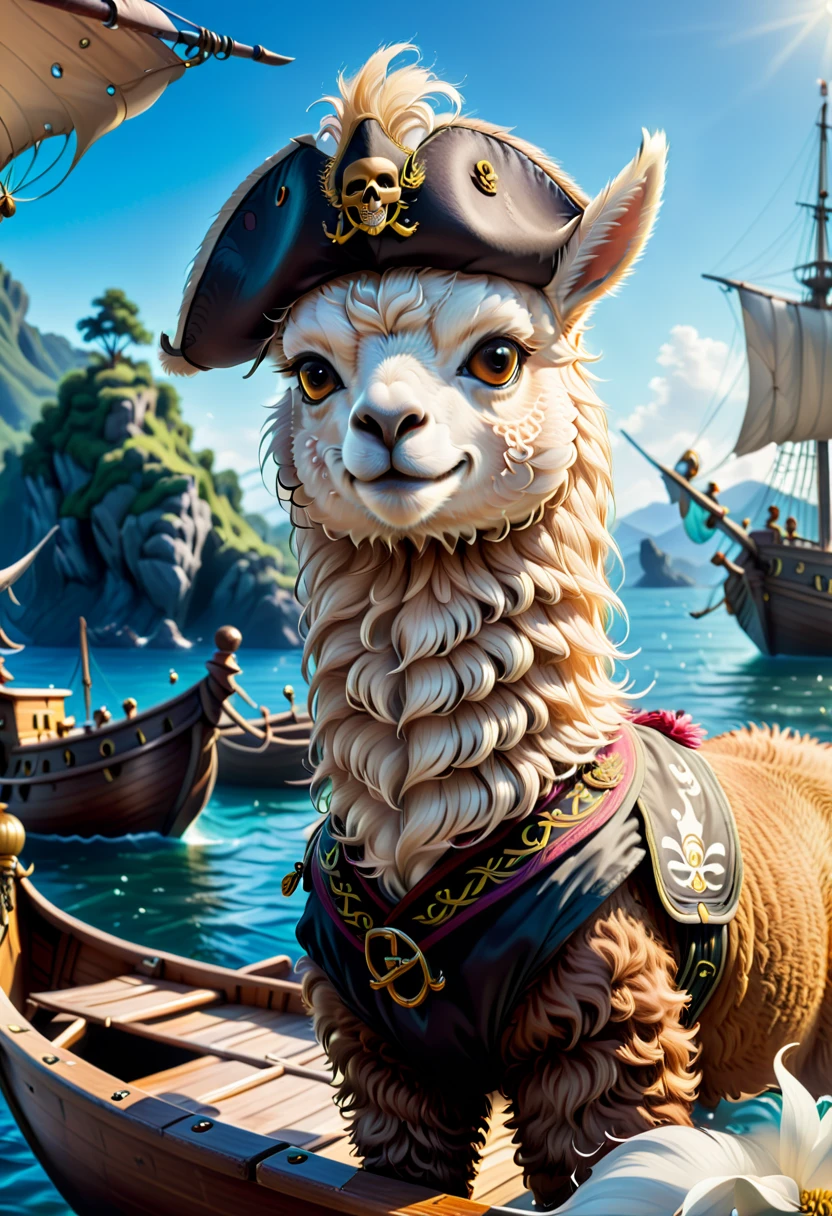 ((una alpaca, arriba de un barco pirata, con un parche en el ojo:1.5)), ((calor, hot day, barco pirata:1.5)), realista:1.3,( fotorrealista, 8k, fotos RAW, calidad Premium , obra maestra, epic lighting, imagen centrada), (plano amplio), plano de cuerpo completo, 32k
