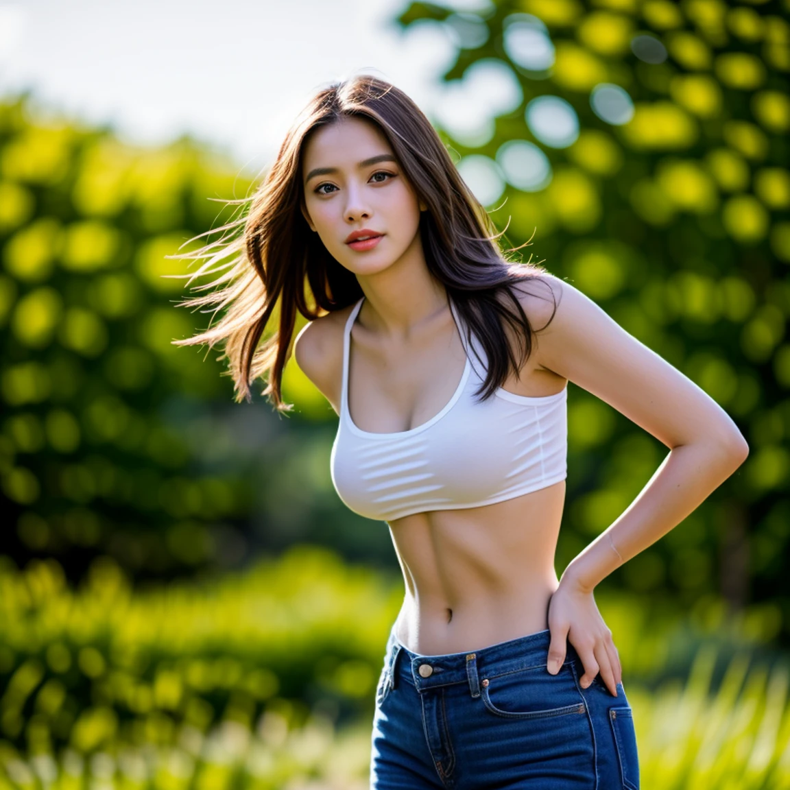 Best picture quality, Masterpiece, Ultra high resolution 8K, photograph, Asian girl&#39;s long hair blows in the wind. The sun shines on her beautiful, realistic face and her six-pack abs are outstanding. Very large breasts, prominent, shiny, bouncy, floating., Looking straight at the action with a seductive expression., Wearing old, ripped, tight-fitting jeans.,Sexy old ripped jeans shirt,Natural countryside, sunlight shining brightly,.. Picture clarity 8k, Taken with a high quality camera 45,000,000 pixels