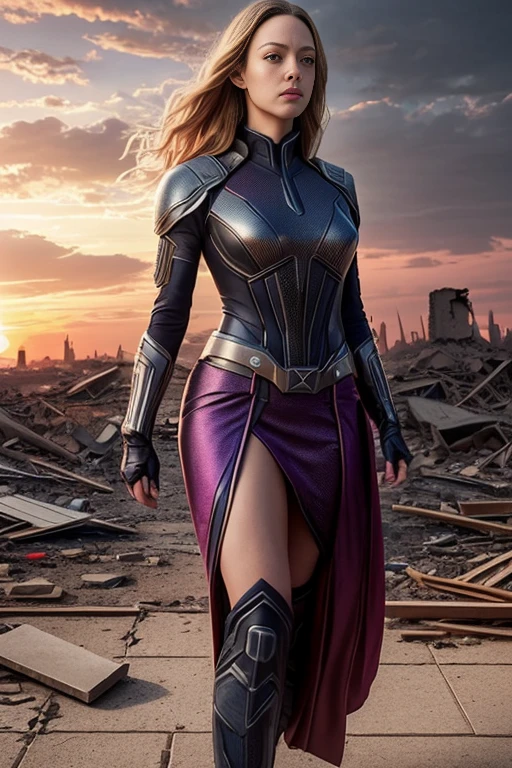 Amanda Seyfried、Torn Suit、I'm wearing a skirt、masterpiece, 1 Girl, マーベルのサイロックとしてbeautiful女性, X-Men Psylocke Cosplay、purple suit、Fine and delicate features, Futuristic New York Background, Science fiction, blonde, Super Heroine, heroic, Perfect balance, photograph, 超Realistic, masterpiece, 8k, large format camera, 110mm lens, Dynamic Lighting, Rim lighting、Official Art, extremely detailed CG 8K wallpaper, perfect Lighting, De color, bright_amount_method_Light, piel bright, (masterpiece:1.0), (Better_quality:1.0), Ultra-high resolution, 4k , Very detailed, Director of Photography, 8K, HDR, Altas ResoLightones, (Confused:1.2), Kodak Portrait 400, Film Grain, blurred background, (Bokeh:1.2), Lens flare, (Vibrant_color:1.2), プロのphotograph撮影, (beautiful_method:1.5),More detailed 8K.Unreal Engine:1.4,Hmm.,La Better calidad:1.4, Realistic:1.4, Skin temperature:1.4, masterpiece:1.8,masterpiece, Better calidad,Object Object], (Detailed facial features:1.3),(Anti-sedentary apocalyptic destroyed city:1.4), (Apocalyptic Sunset:1.4)