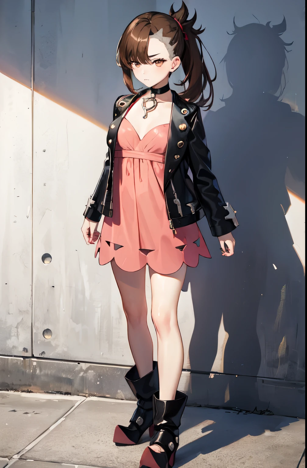 marnie_outfit, dress, pink dress, jacket, black jacket, open jacket, boots, ankle boots, black footwear, choker, black choker, collar,, absurdres, ultra detailed, masterpiece, best quality, aesthetic, detailed,, solo, frown,
1girl, red eyes, (tsurime:1.2), (brown hair:1.3), medium hair, (asymmetrical bangs, swept bangs, cowlick:1.35), flipped hair, foldedponytail, folded ponytail, (small breasts:1.3),