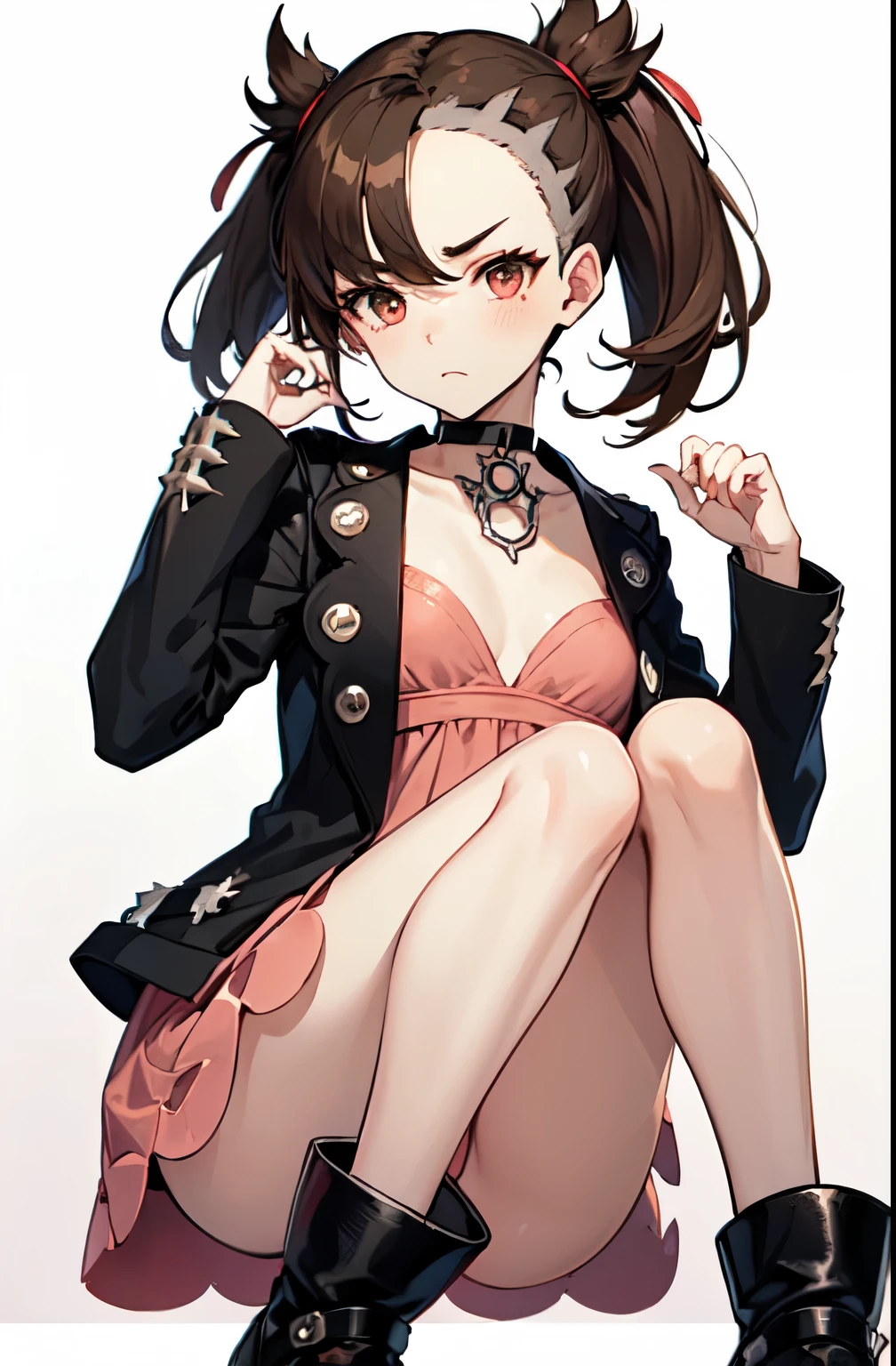 marnie_outfit, dress, pink dress, jacket, black jacket, open jacket, boots, ankle boots, black footwear, choker, black choker, collar,, absurdres, ultra detailed, masterpiece, best quality, aesthetic, detailed,, solo, frown,
1girl, red eyes, (tsurime:1.2), (brown hair:1.3), medium hair, (asymmetrical bangs, swept bangs, cowlick:1.35), flipped hair, foldedponytail, folded ponytail, (small breasts:1.3),