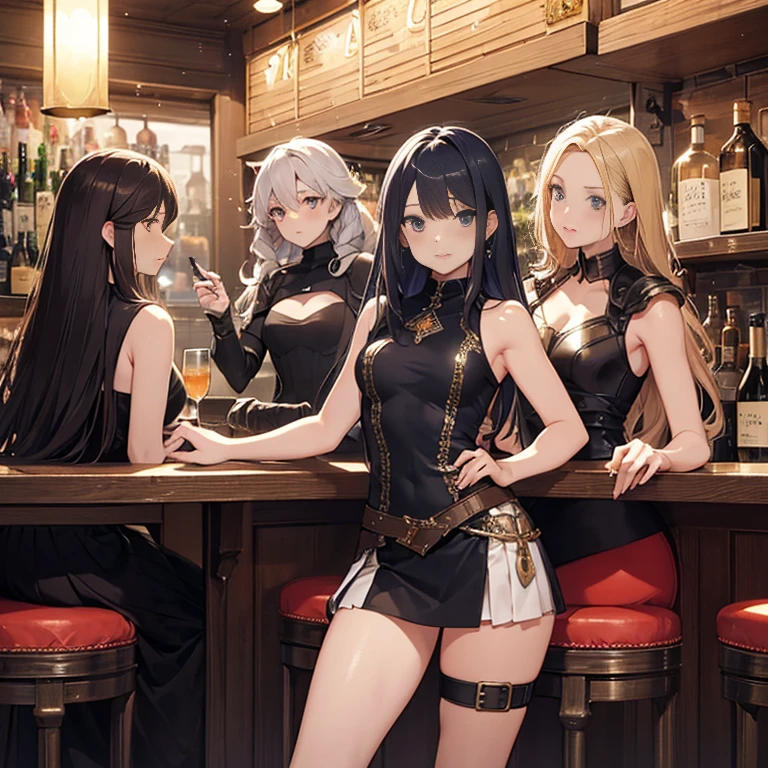 A group of  female medieval fantasy adventurers, (in bar), various hair styles, harem, night, details face, short skirt, seducing, sleeveless, armor 